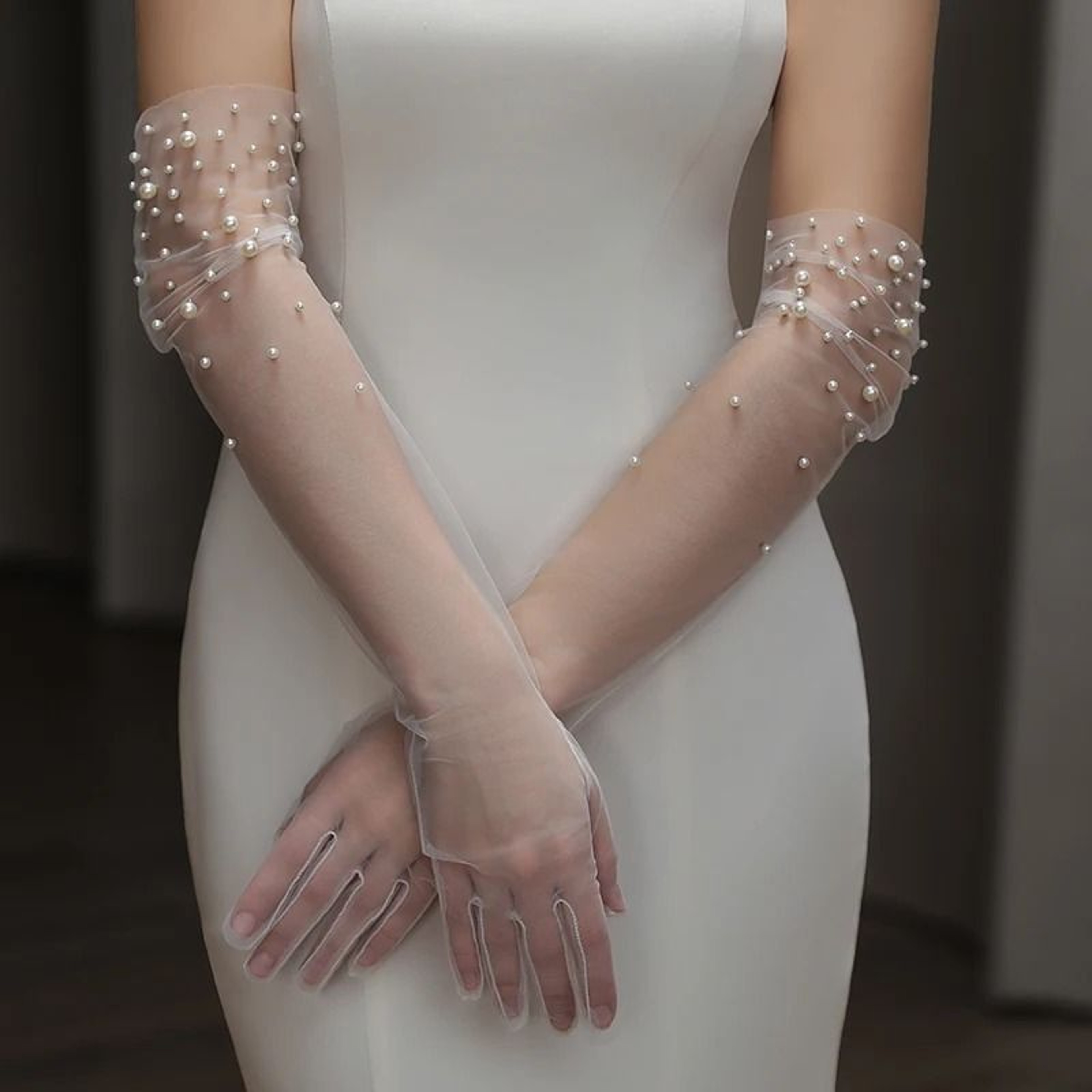 Womens Long Beaded Bridal Gloves Sheer Tulle Pearl Wedding Gloves 0