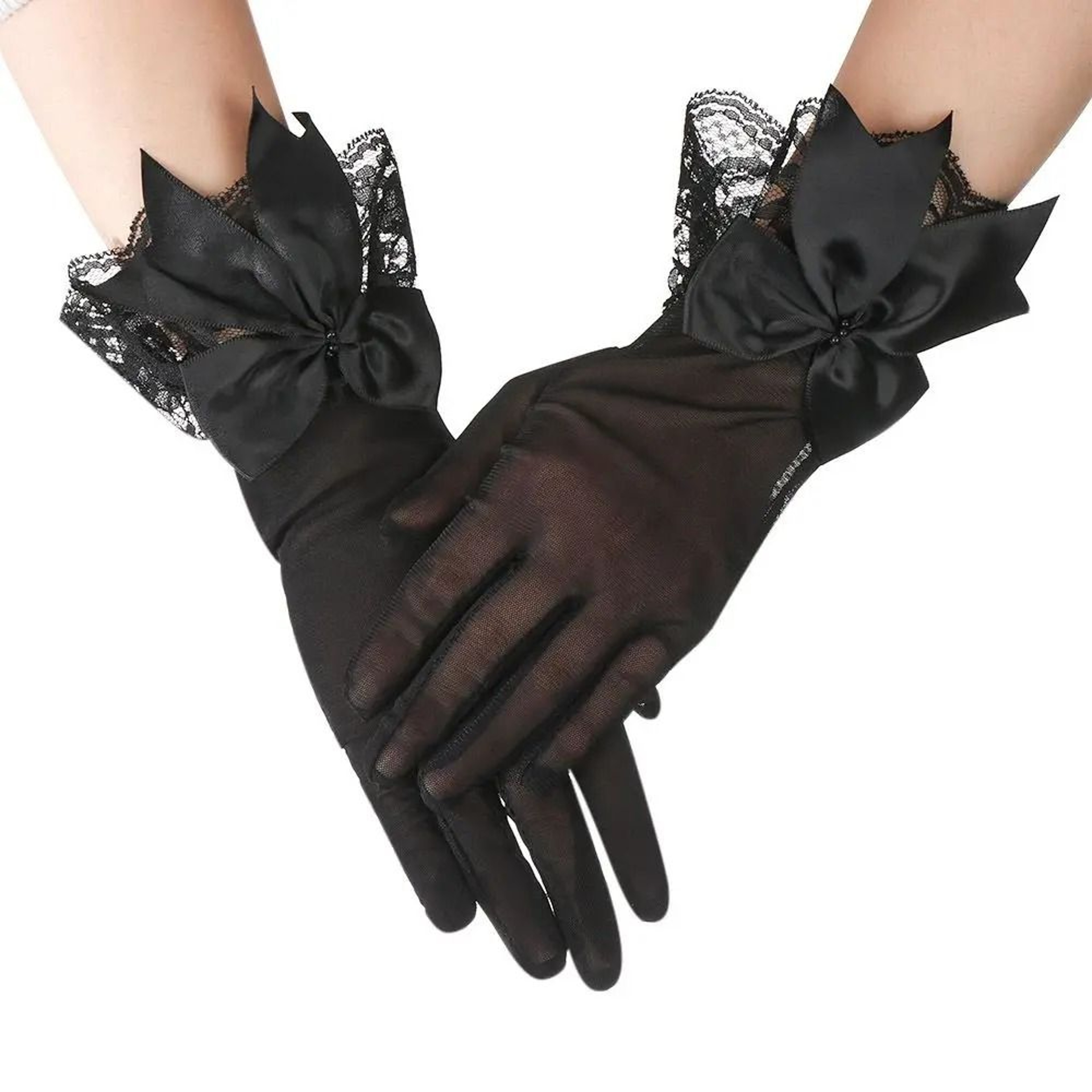 Womens White Satin Bridal Gloves Bow Lace Wedding Dress Gloves 3
