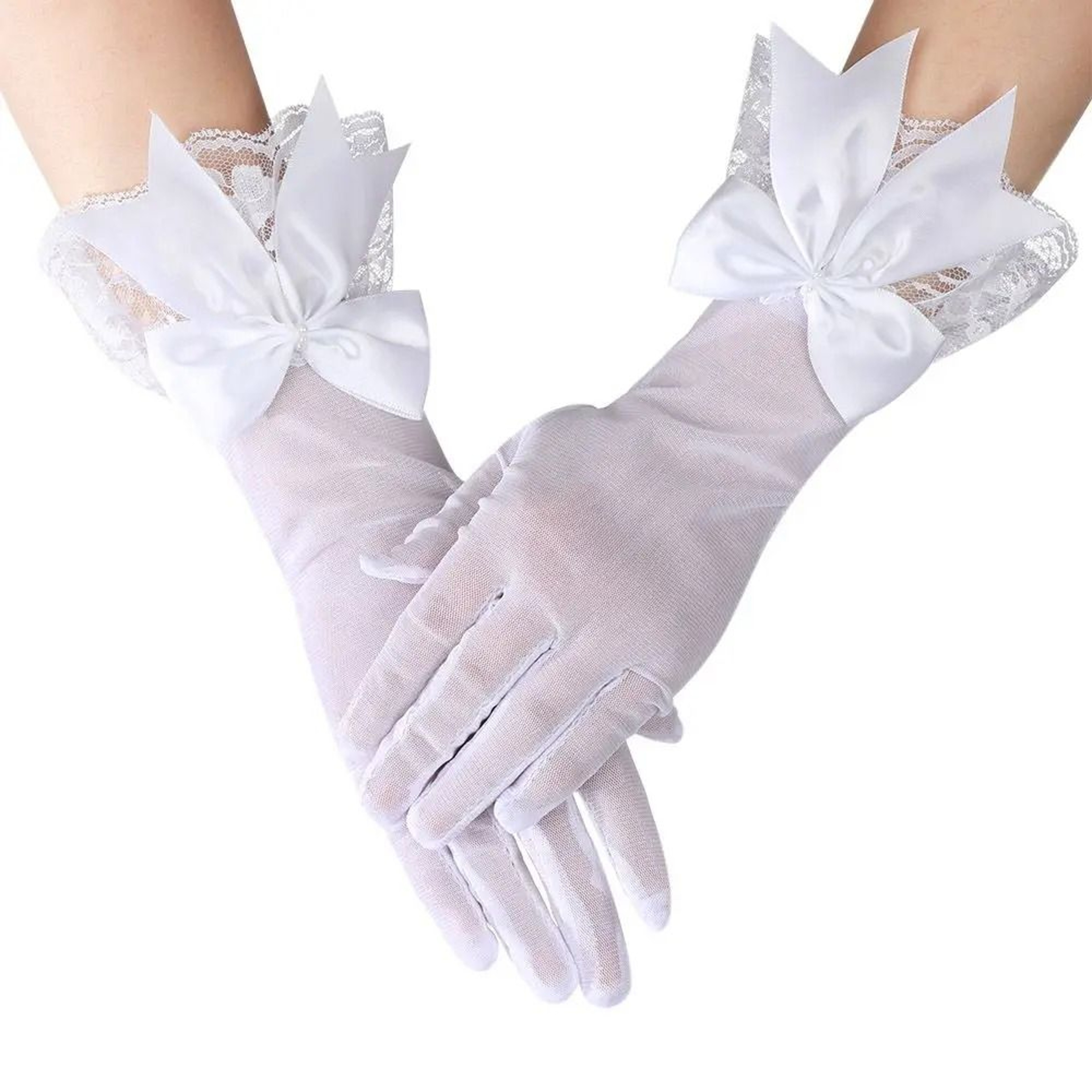 Womens White Satin Bridal Gloves Bow Lace Wedding Dress Gloves 7