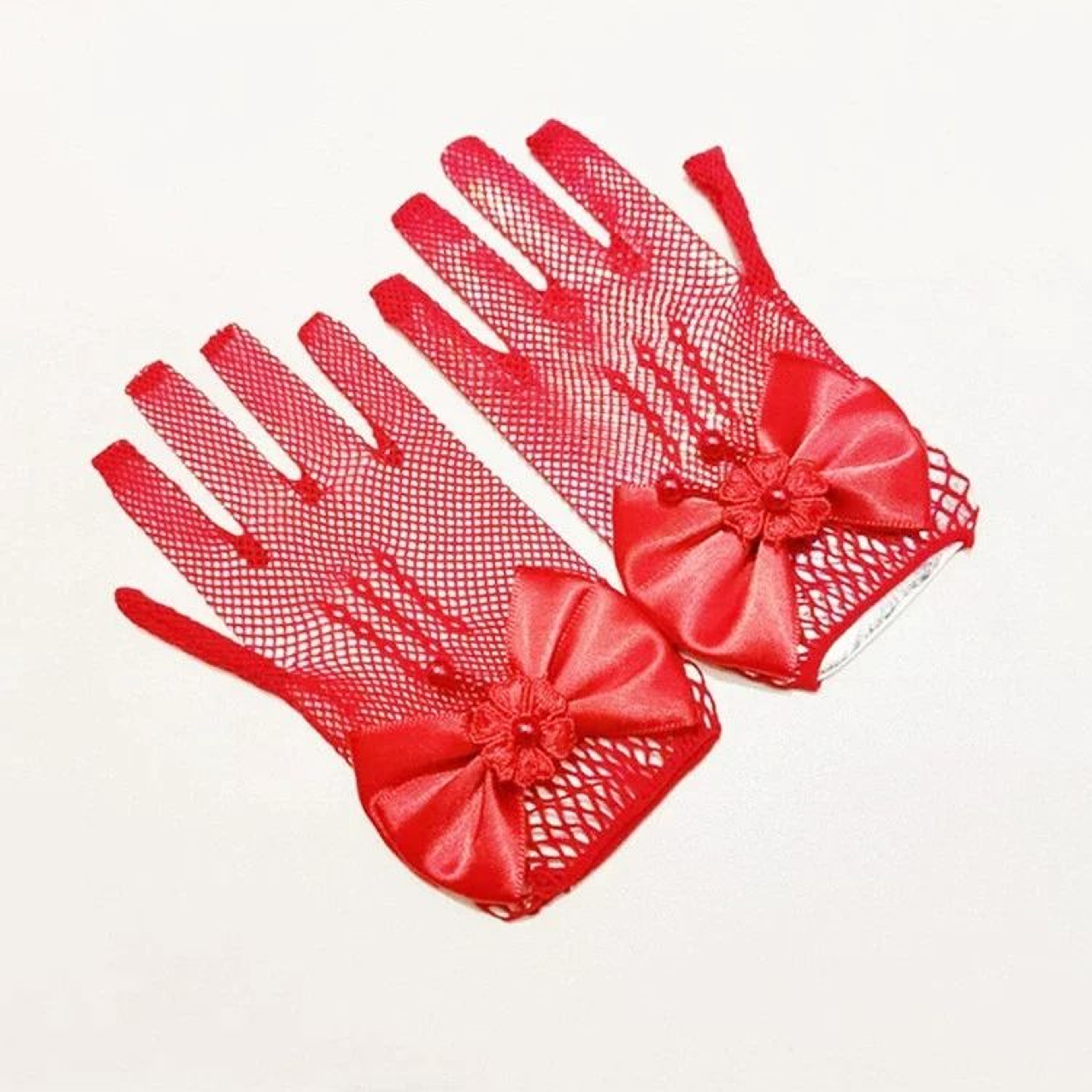 Girls White Lace Flower Girl Gloves Faux Pearl Bow Communion Gloves 1