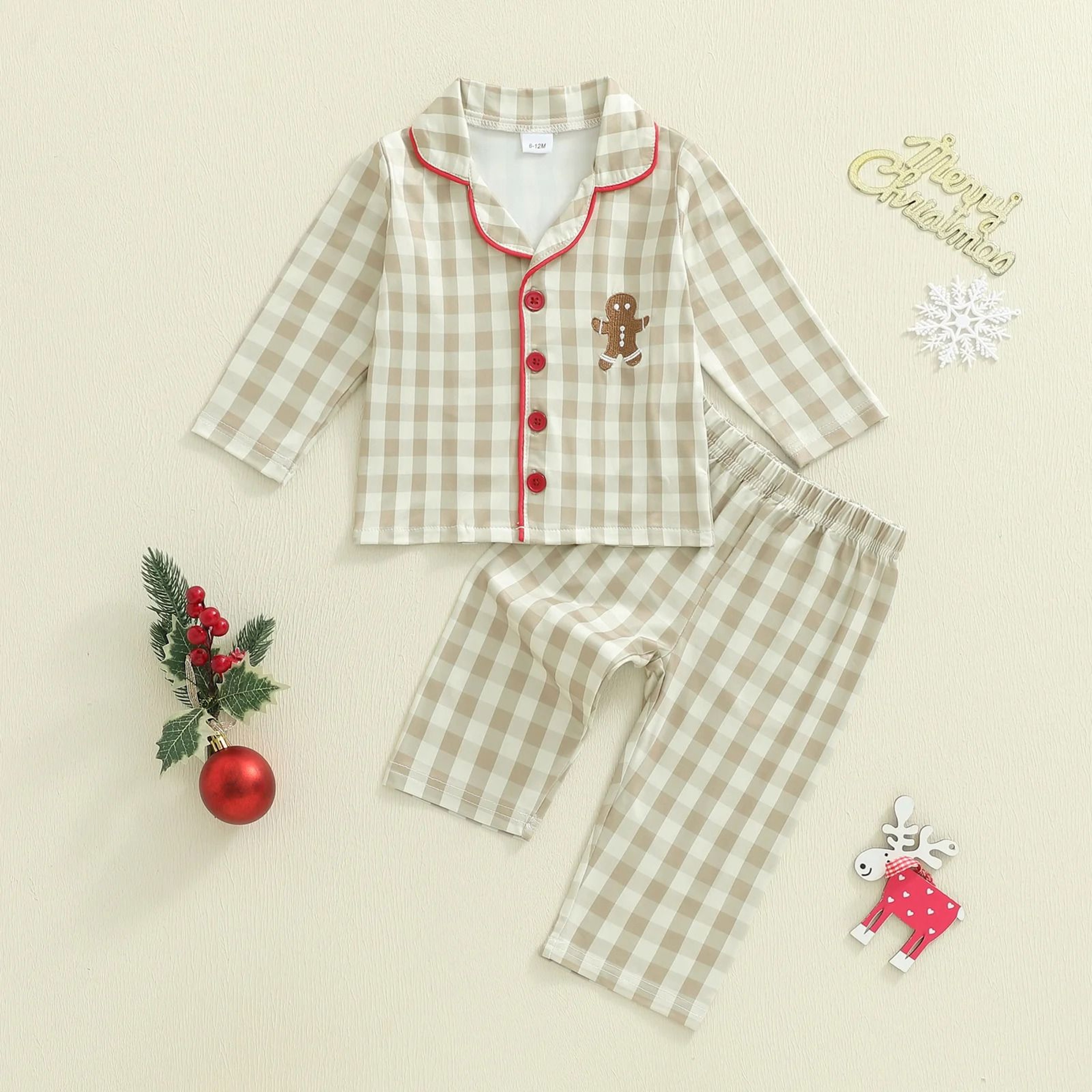 Baby Christmas Plaid Pajama Set Gingerbread Embroidery 2 Piece Sleepwear 0