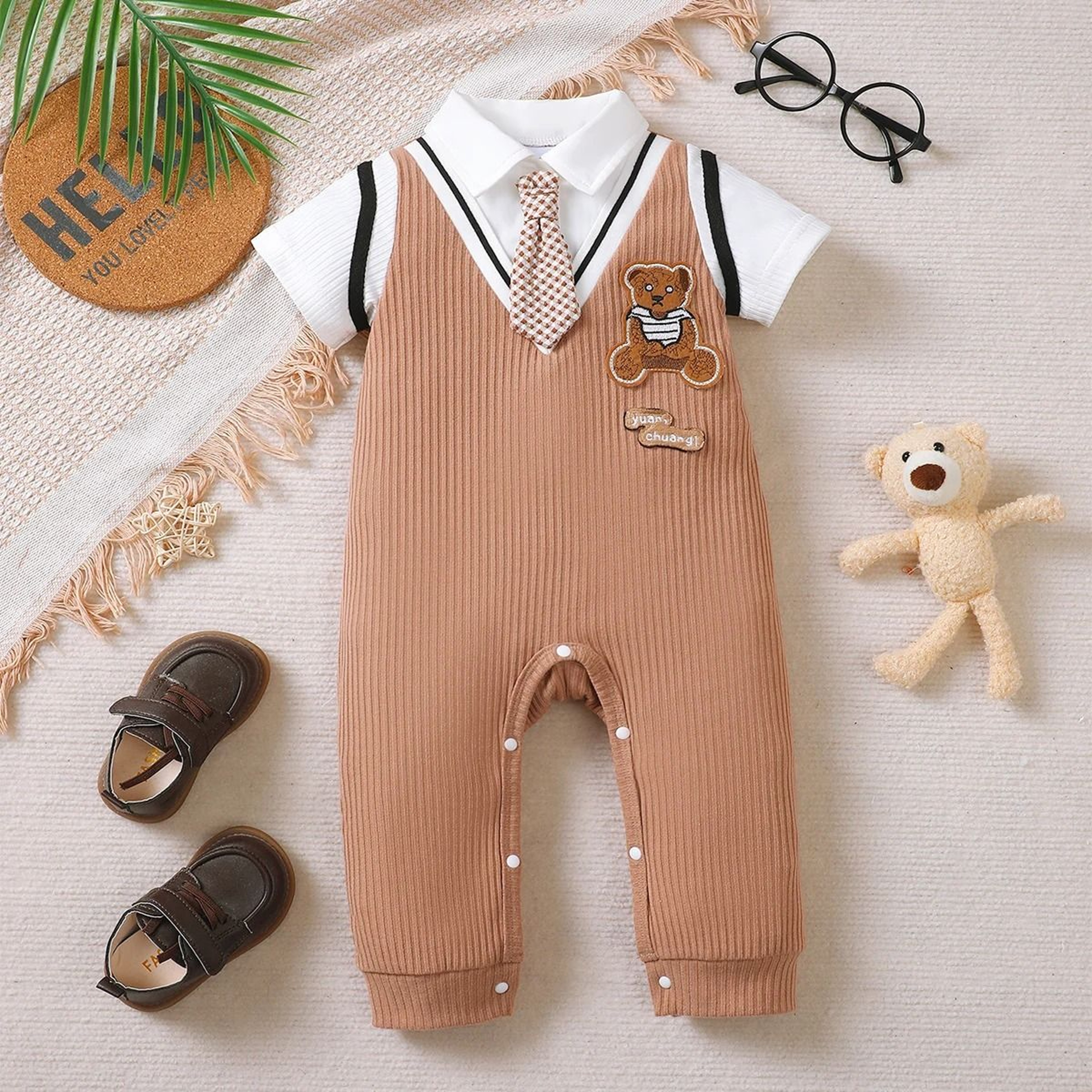 Baby Boy Teddy Bear Romper Little Gentleman Birthday Outfit 0