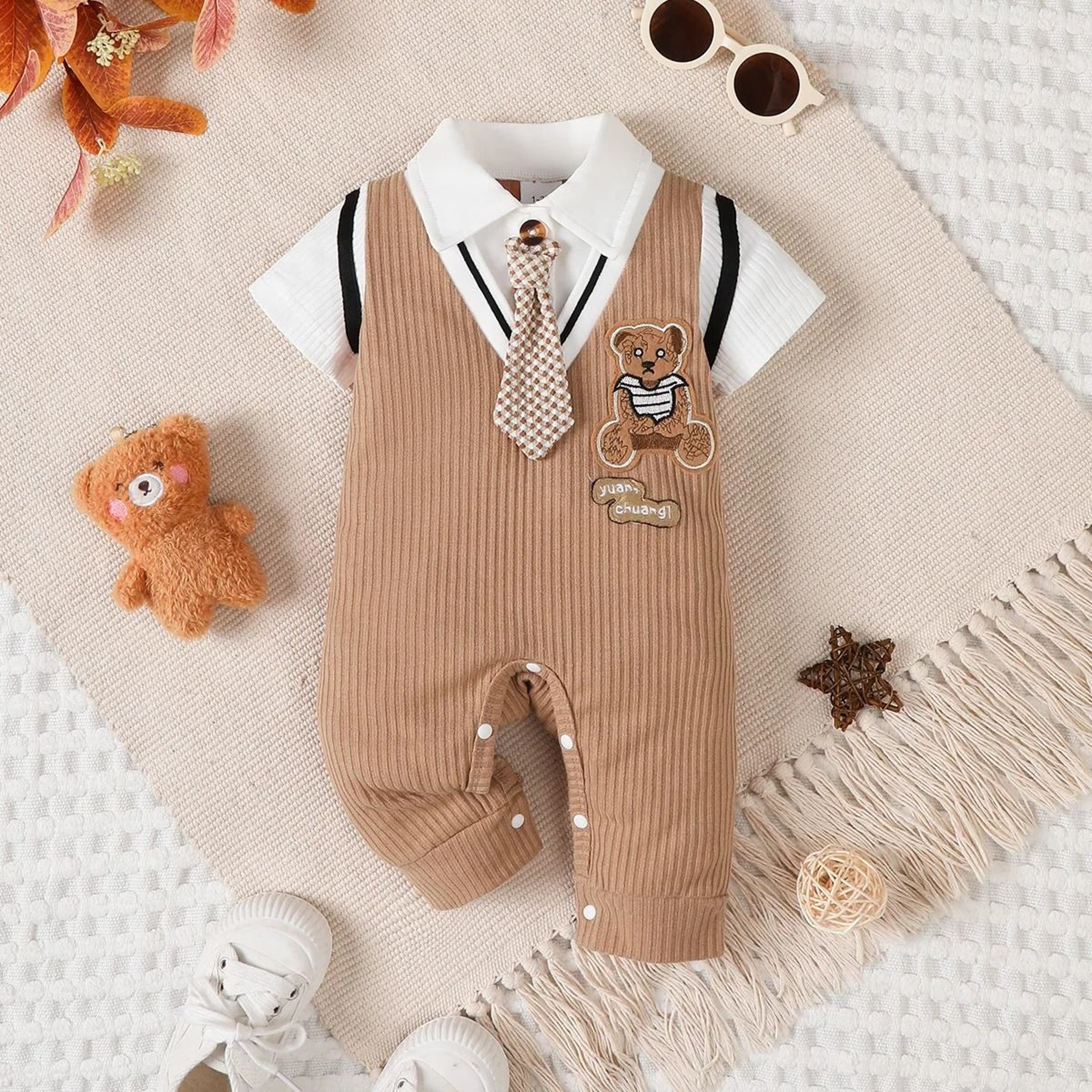 Baby Boy Teddy Bear Romper Little Gentleman Birthday Outfit 4