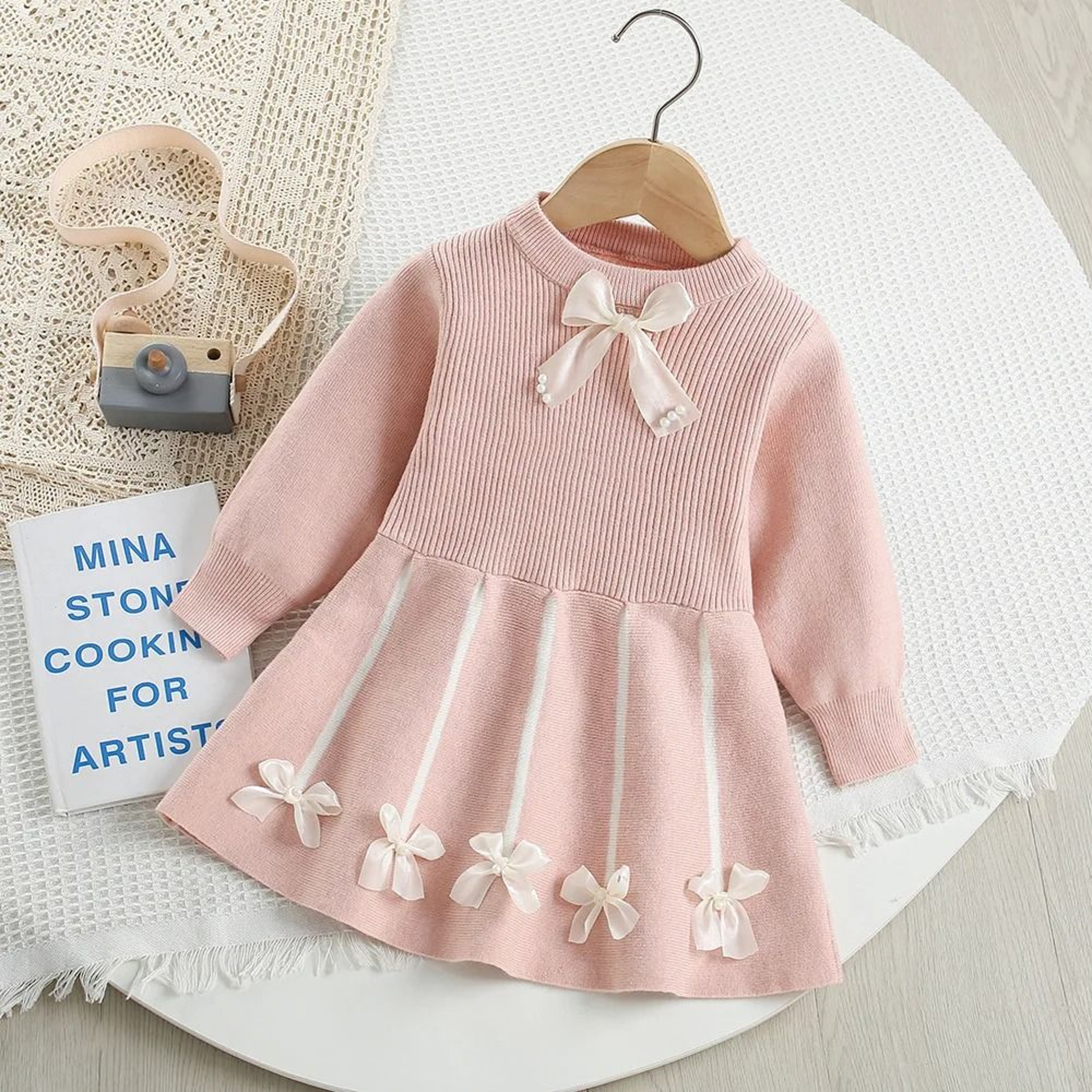 Toddler Girl Princess Sweater Dress With 3D Teddy Bear Bow 7