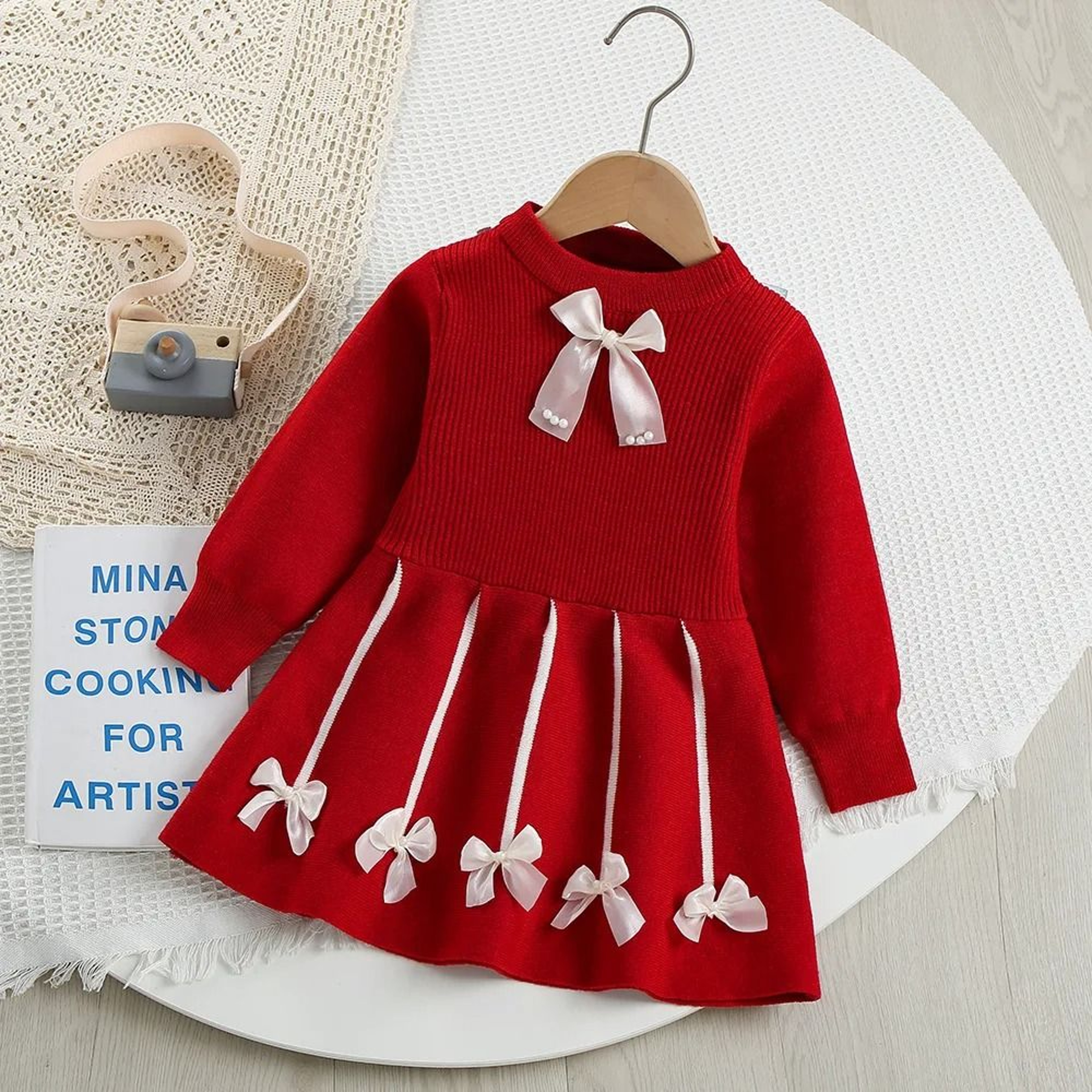 Toddler Girl Princess Sweater Dress With 3D Teddy Bear Bow 4
