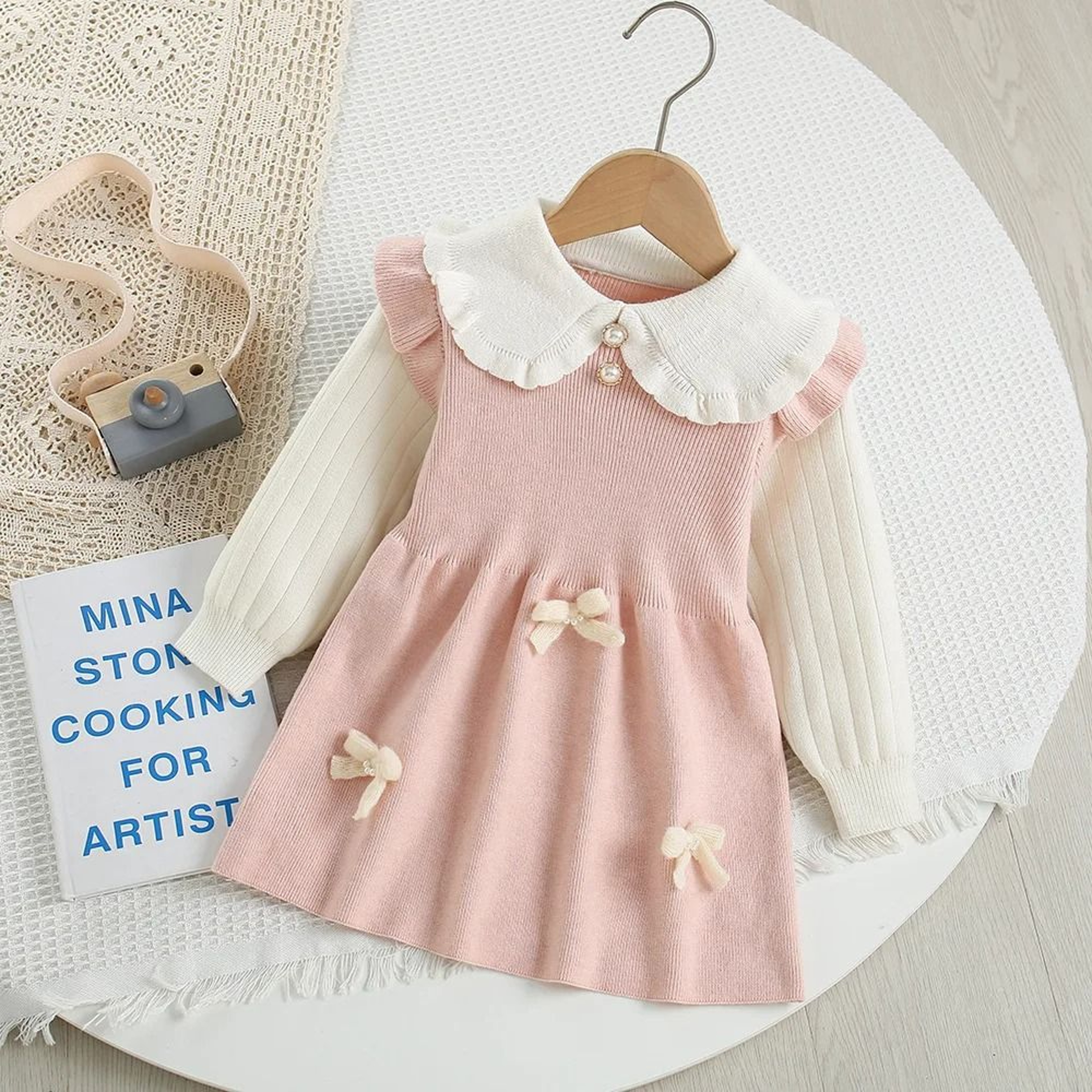 Toddler Girl Princess Sweater Dress With 3D Teddy Bear Bow 6