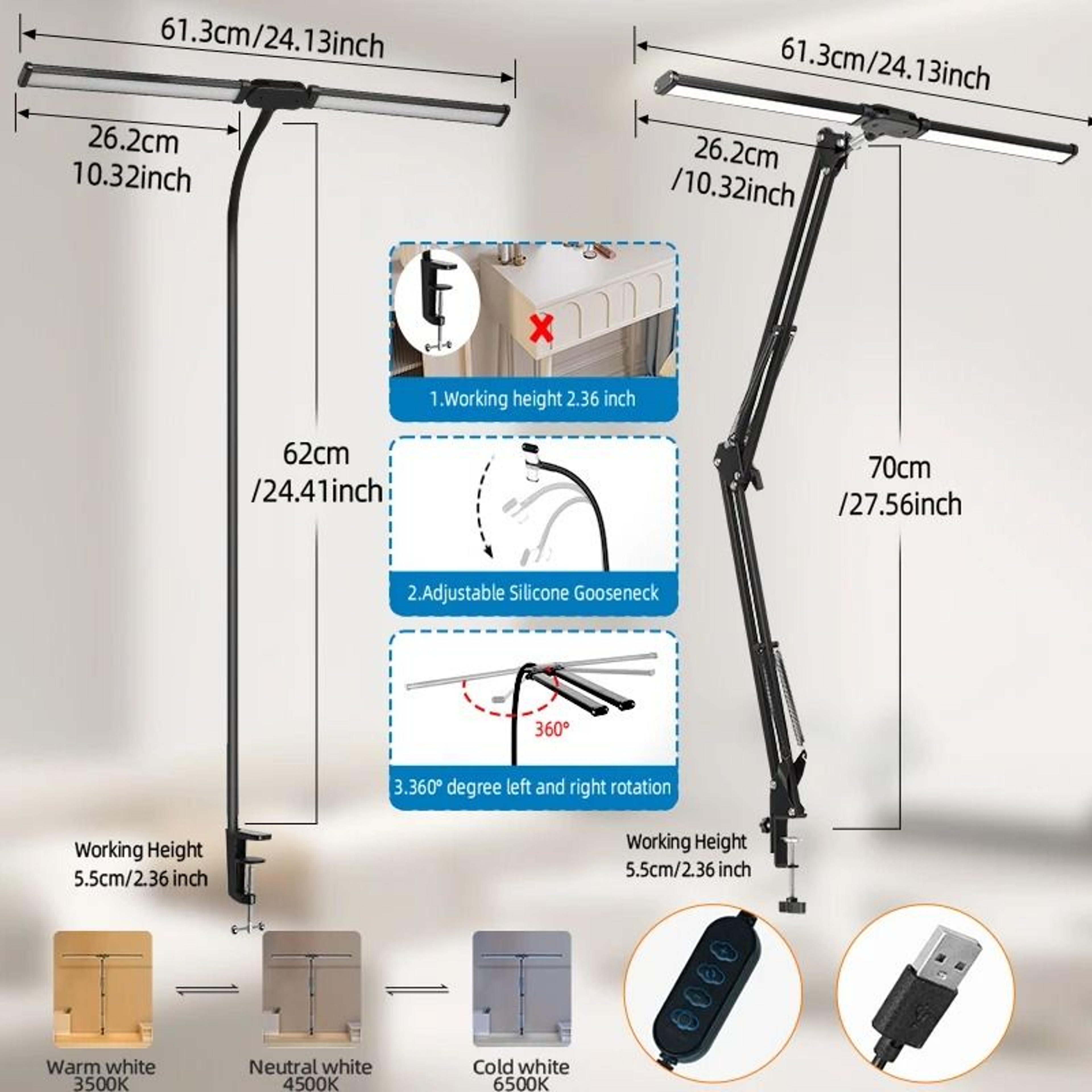 24W Dual Head LED Monitor Light Bar With Adjustable Dimming For Desk Lighting 5