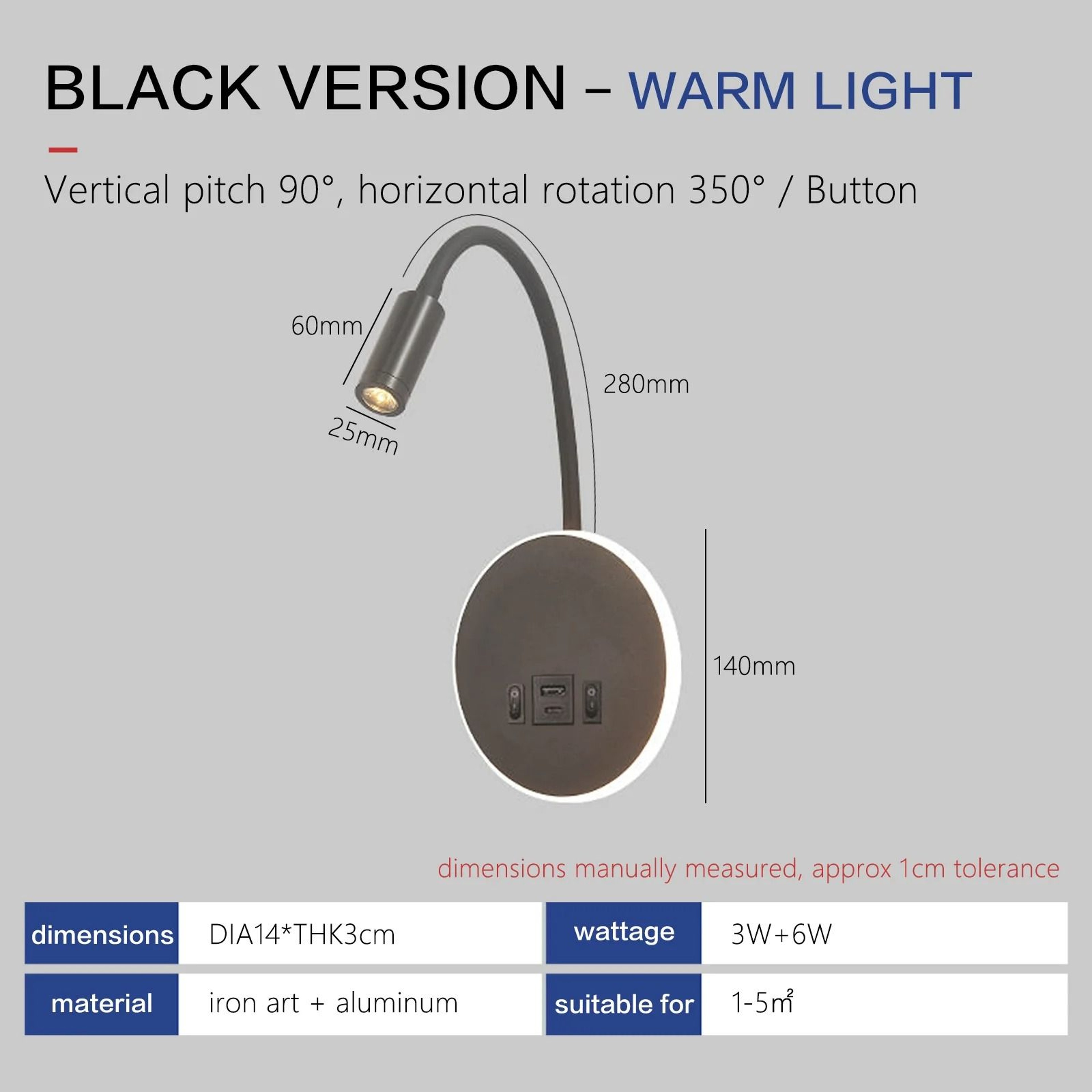 Flexible LED Gooseneck Wall Reading Light With USB Charging Port 1