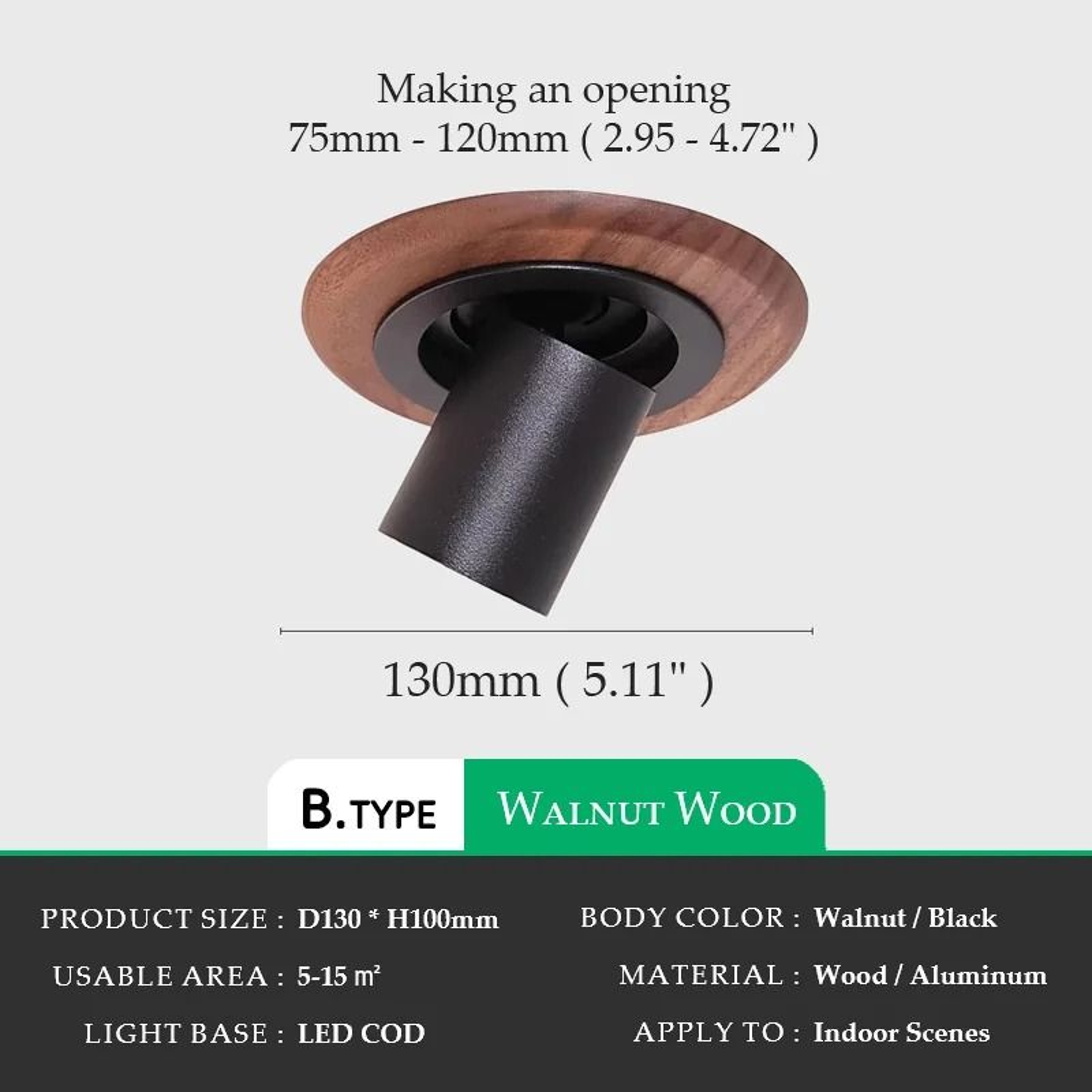 Walnut Wood Recessed LED Spotlight With Rotatable Wall Wash Lighting 2