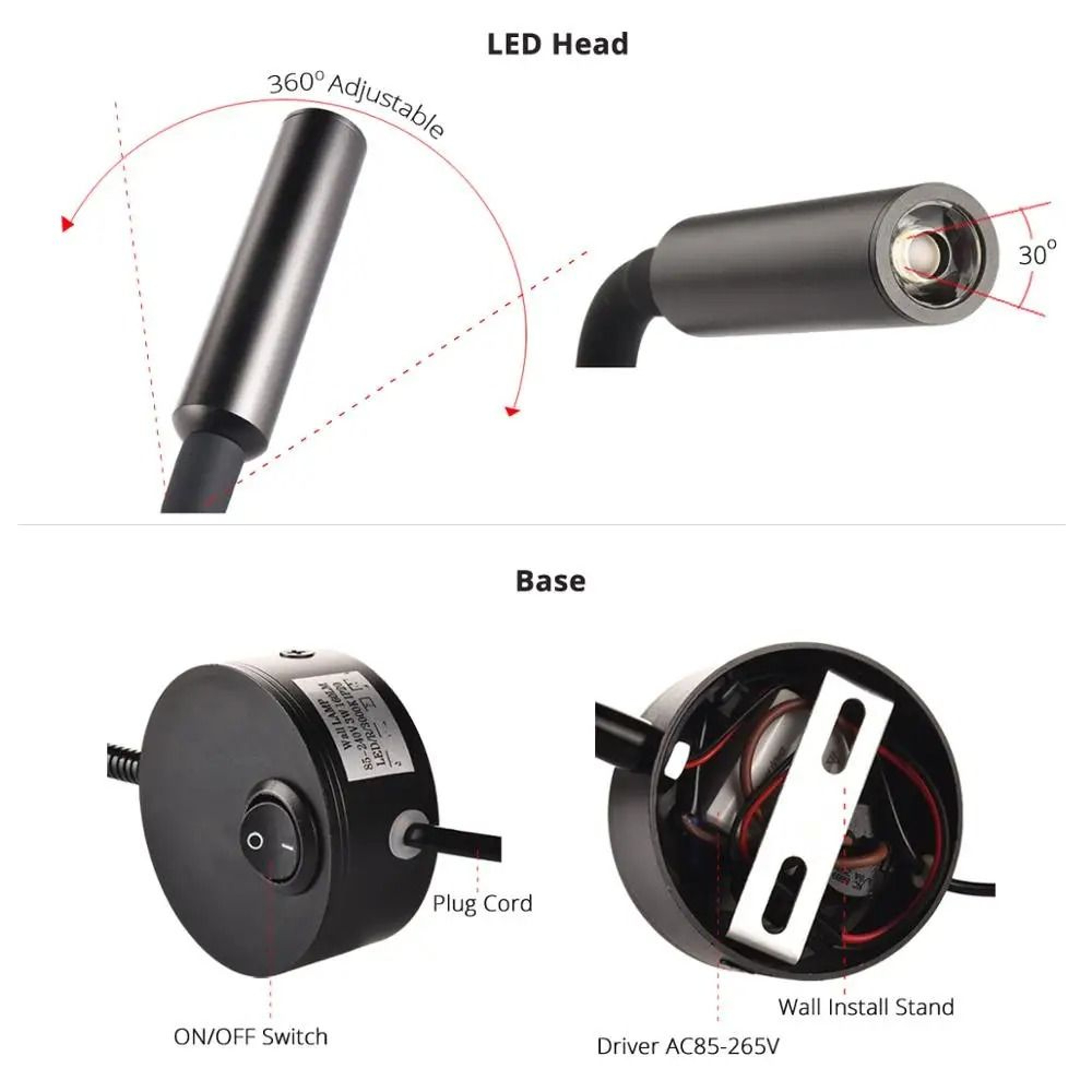 3W LED Bedside Reading Wall Lamp With US Plug Cord 9