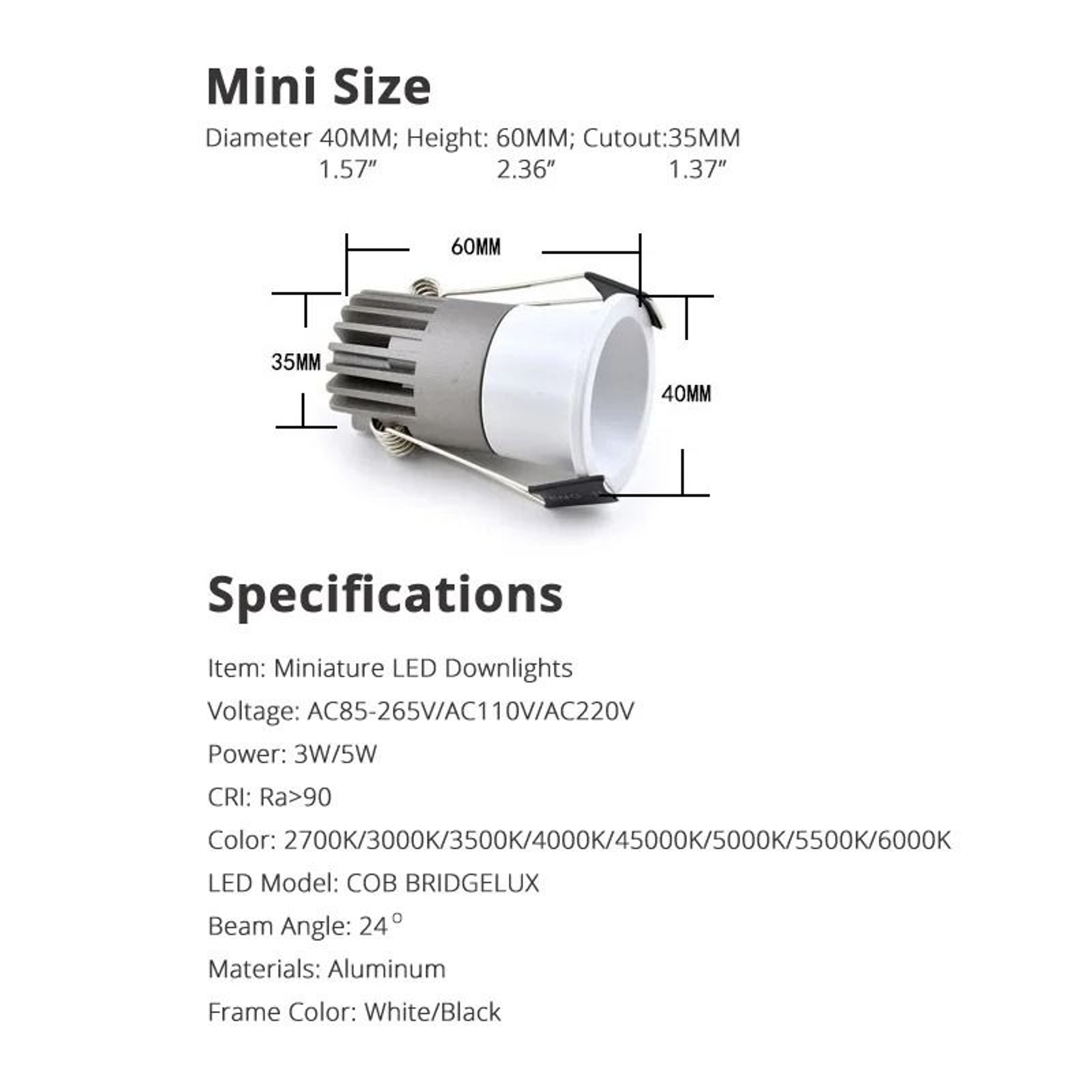 3W 5W Mini Anti Glare COB LED Recessed Downlight 35mm CRI90 8