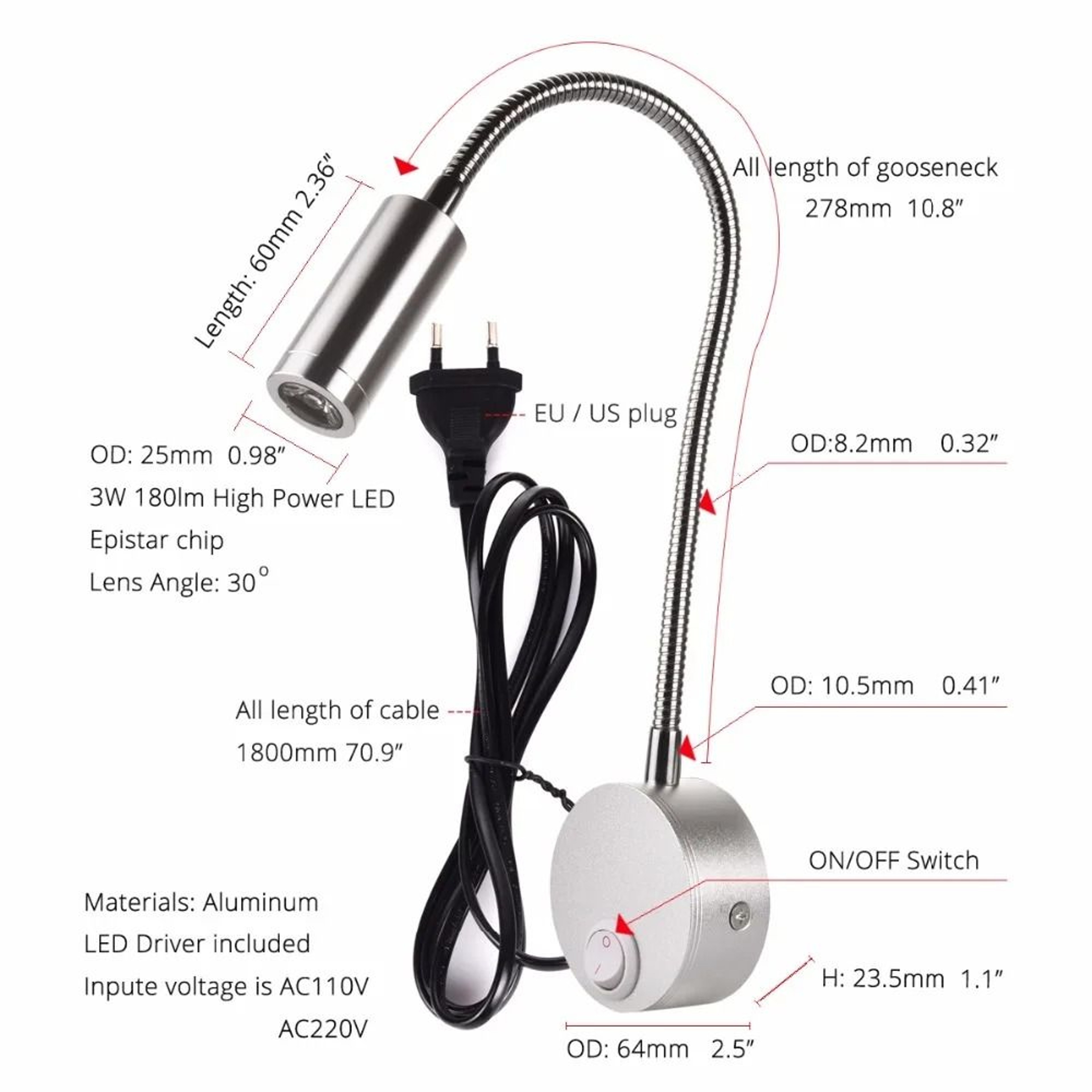 3W LED Bedside Reading Wall Lamp With US Plug 7