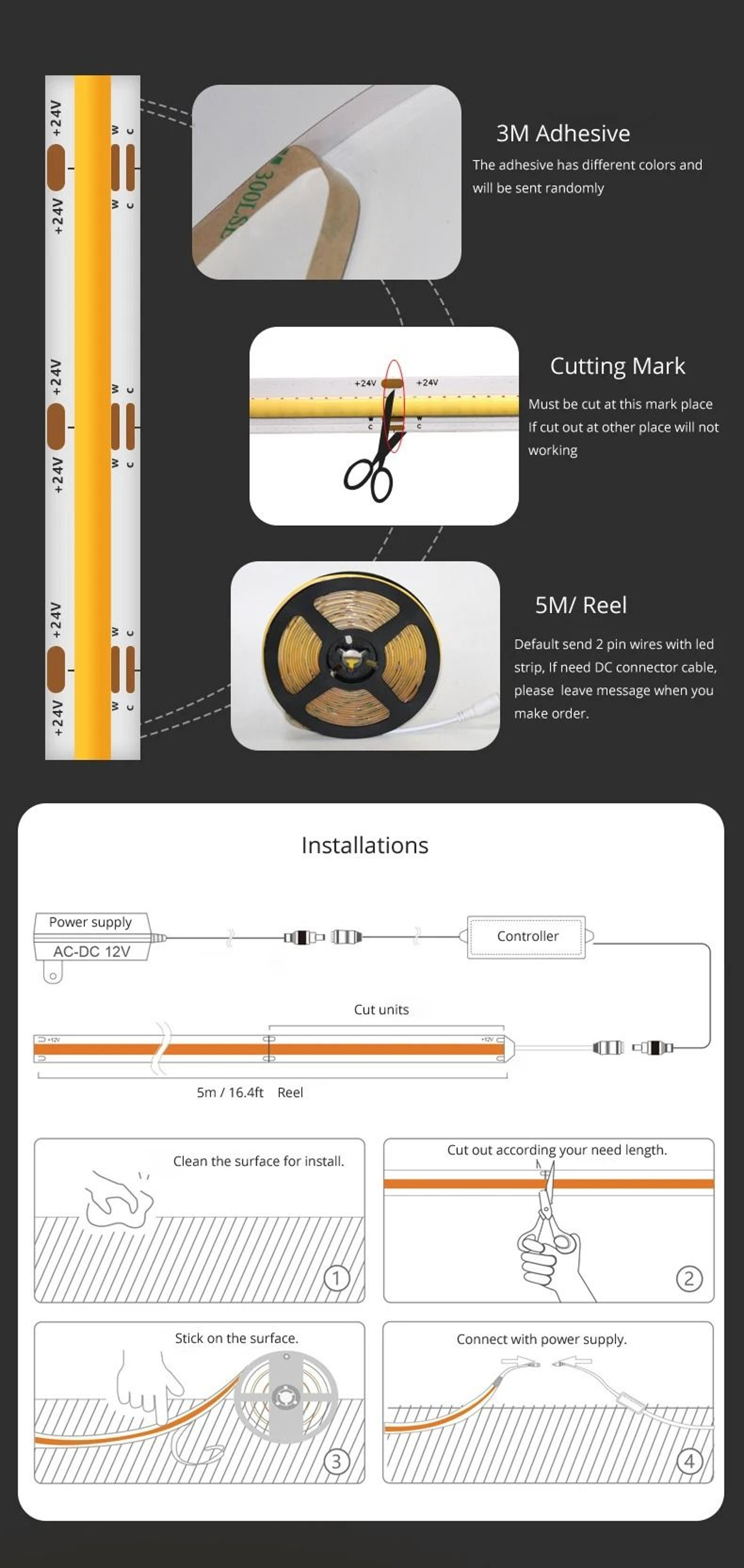 12V COB LED Strip Light 480 LEDs 4mm 8mm Flexible Tape 5