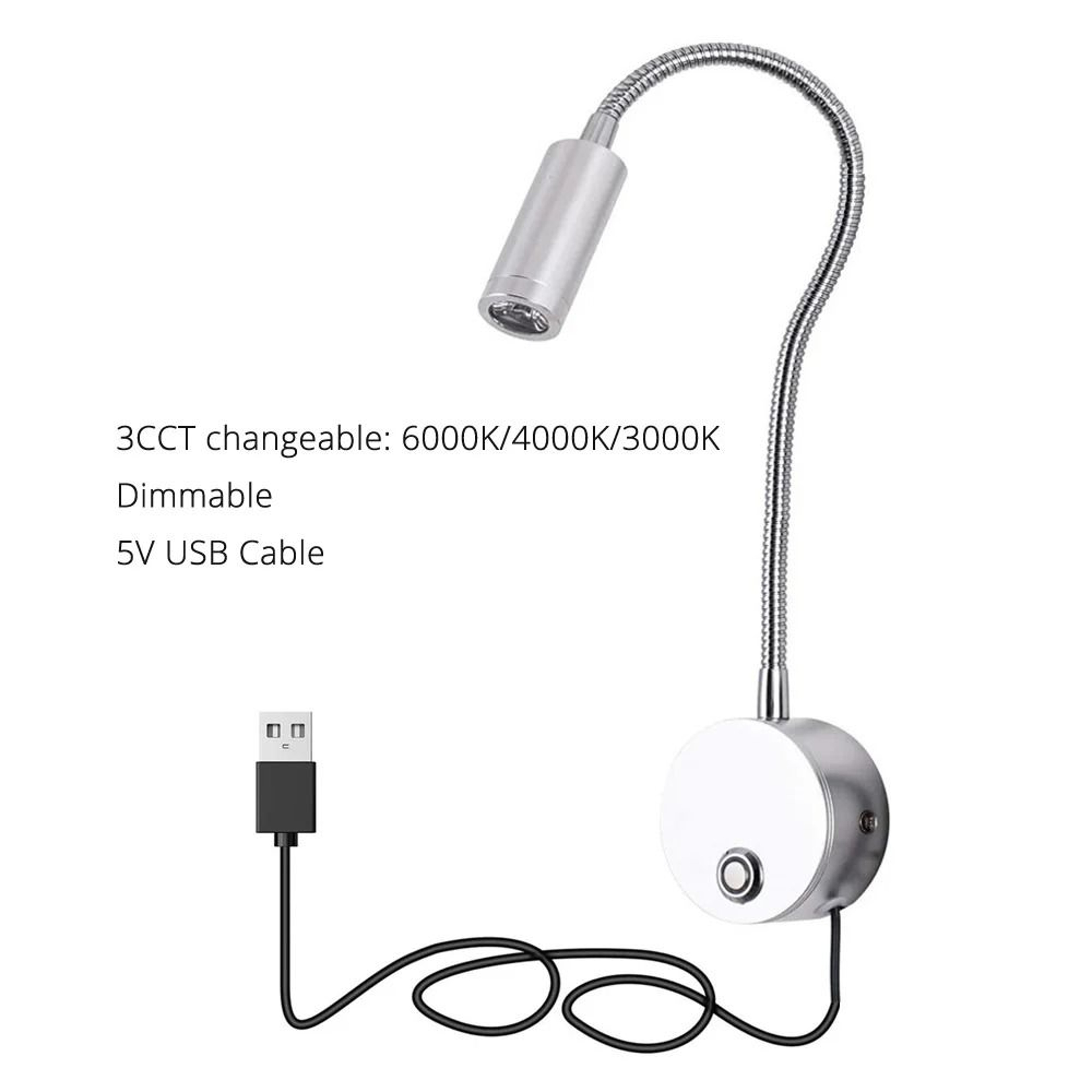 3W Dimmable USB Bedside Reading Wall Lamp With Flexible Arm 1