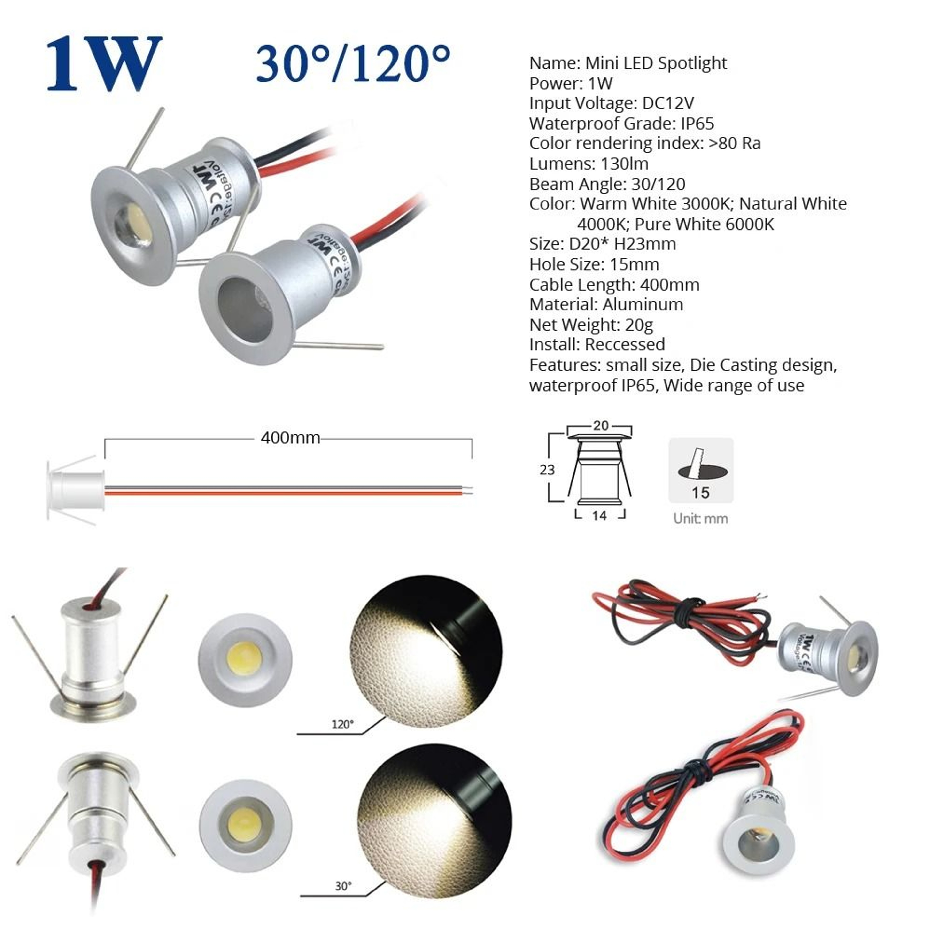 1W IP65 Waterproof Mini LED Spotlight 12V High Temperature Resistant 4
