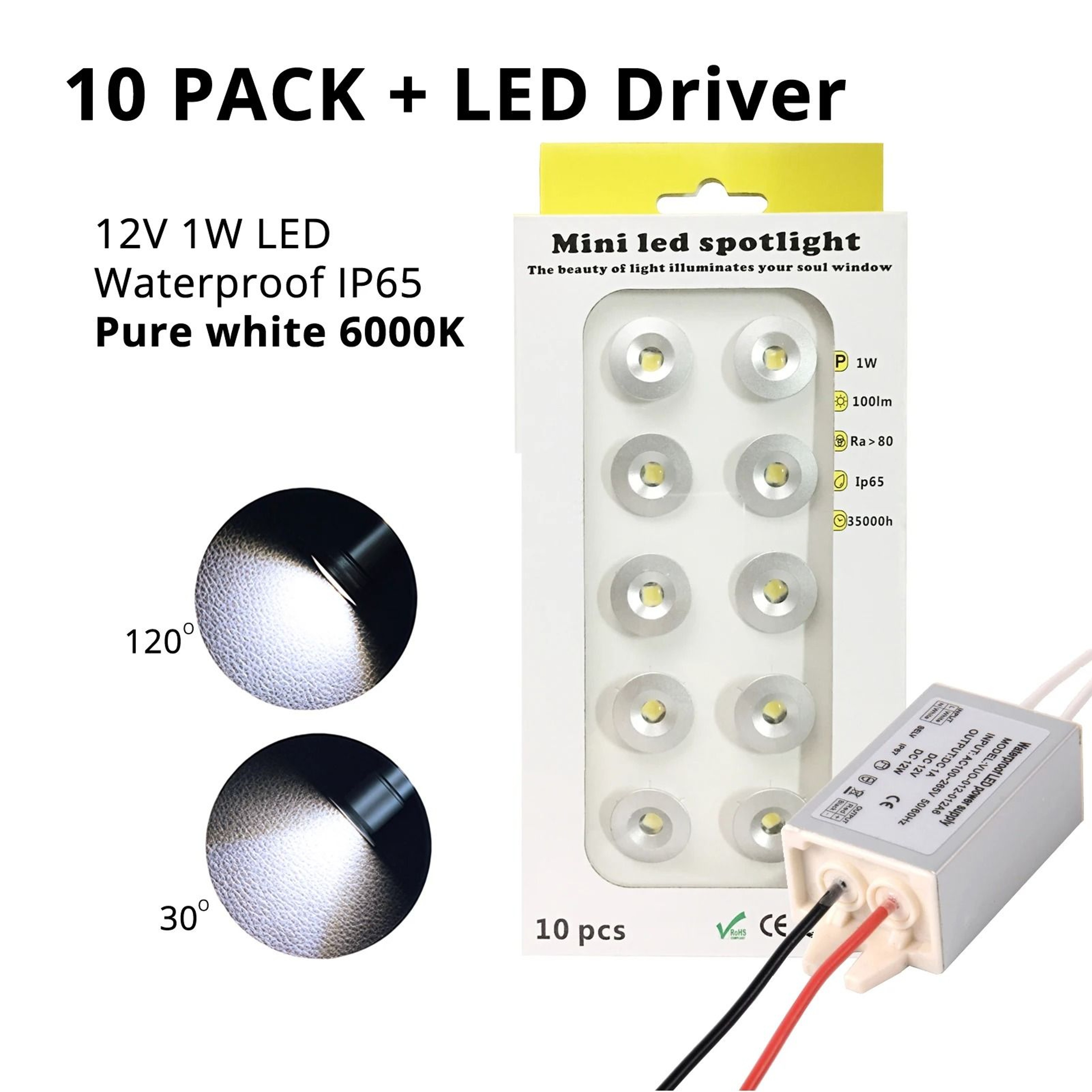 10 Pack 1W IP65 Waterproof Mini LED Cabinet Spotlights 6