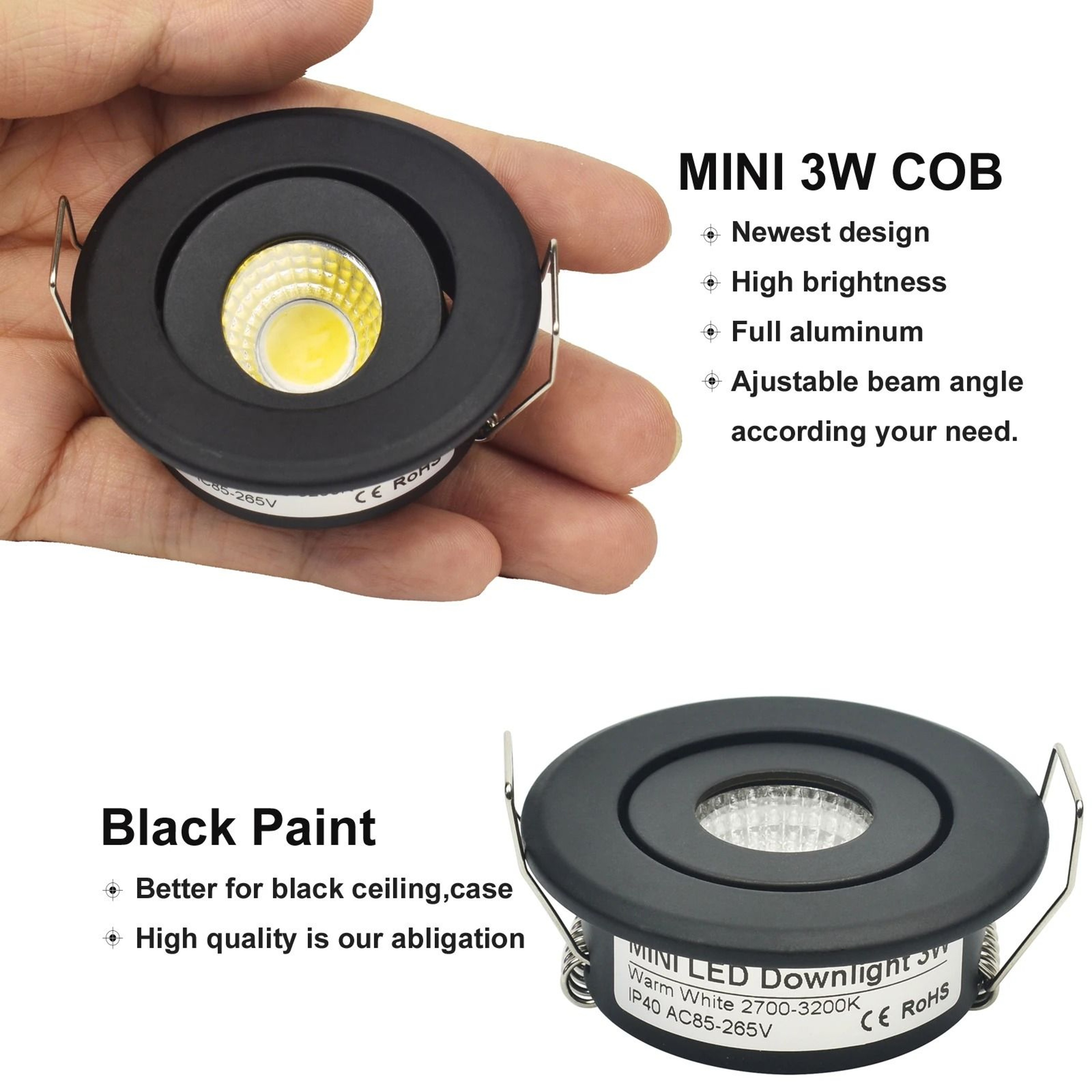 10 Pack Mini COB LED Recessed Downlights 1W 3W Black 6