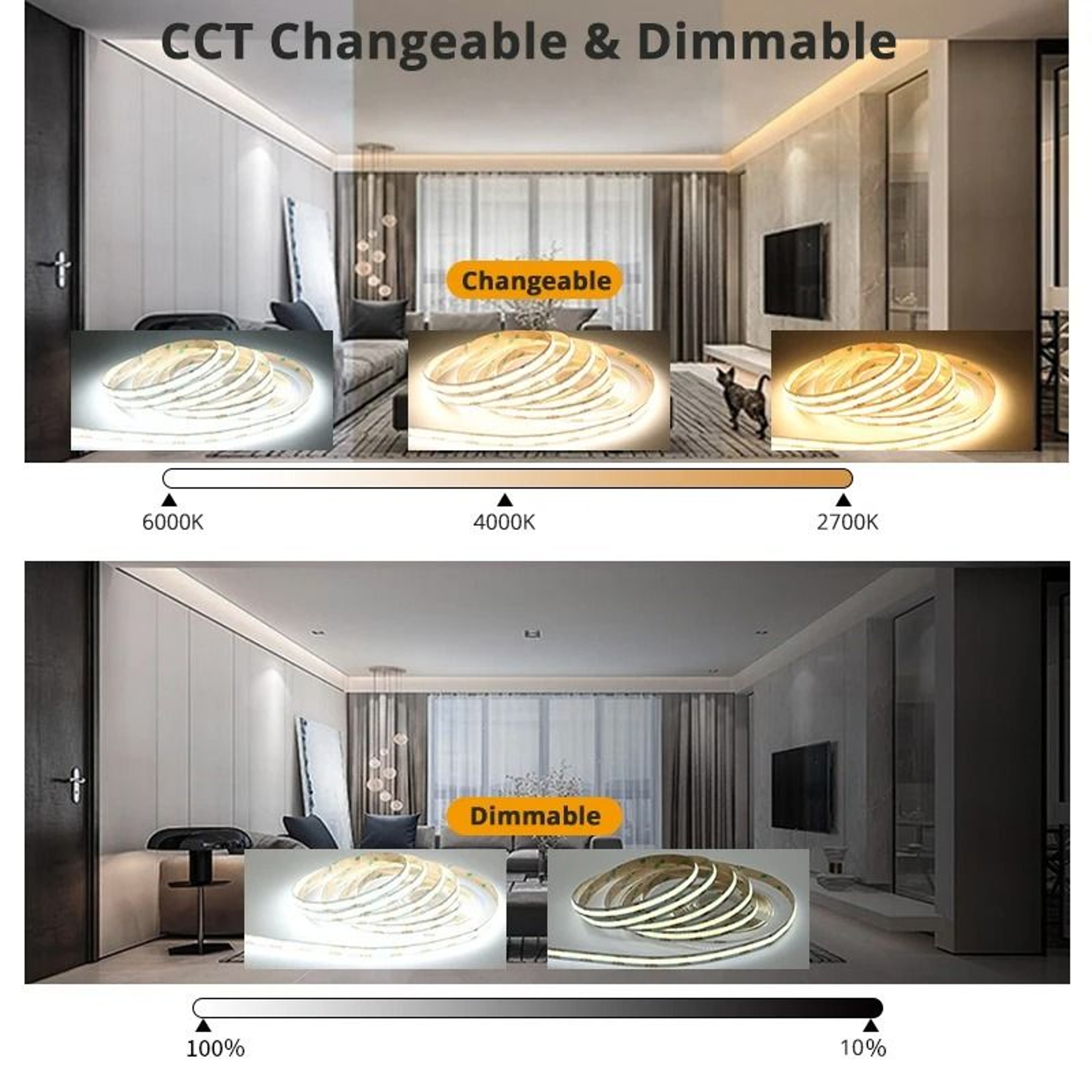 24V Tunable White COB LED Strip Light Kit With Remote Dimmer 7