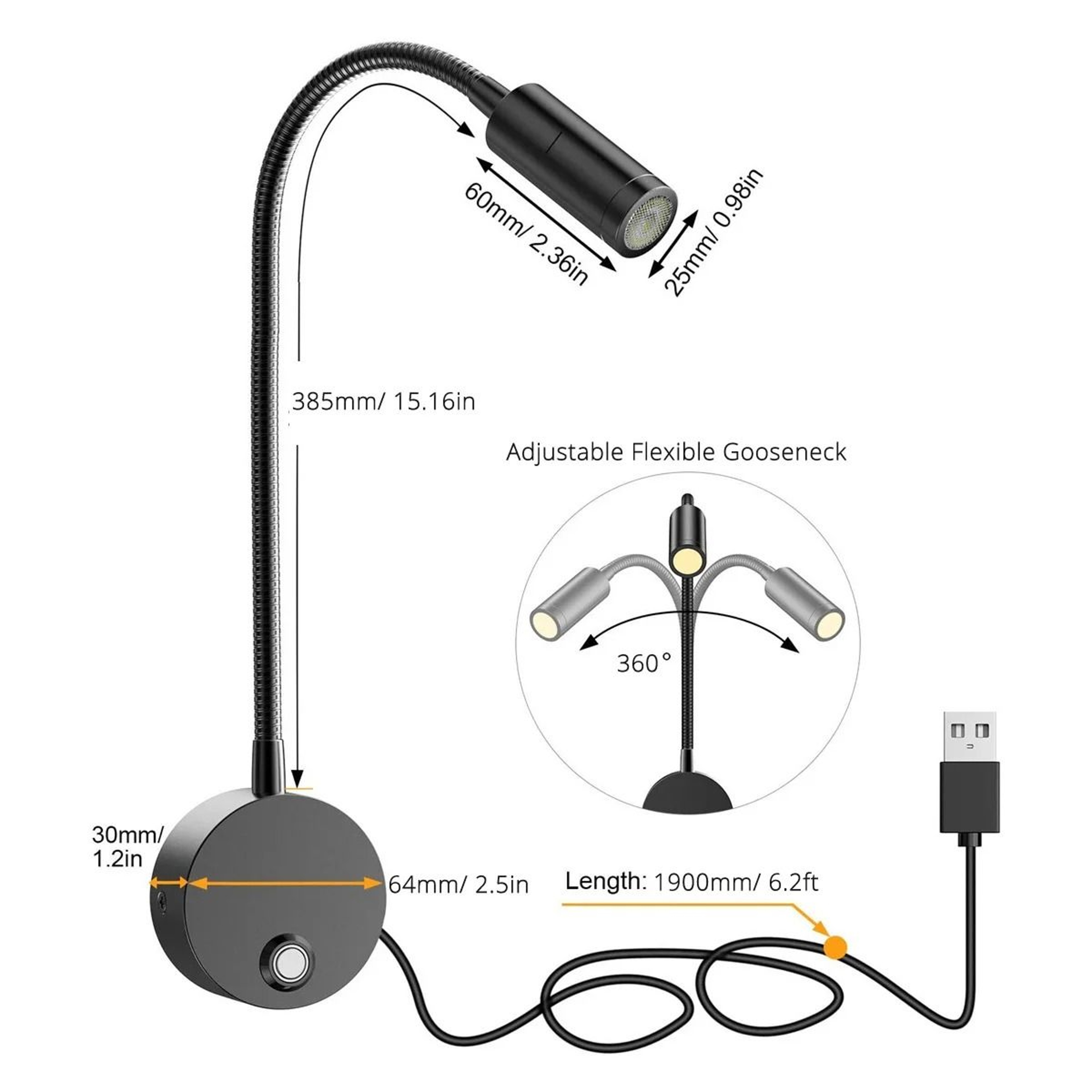 2 Pack 3W USB Dimmable Gooseneck Bedside Reading Wall Lamps 7