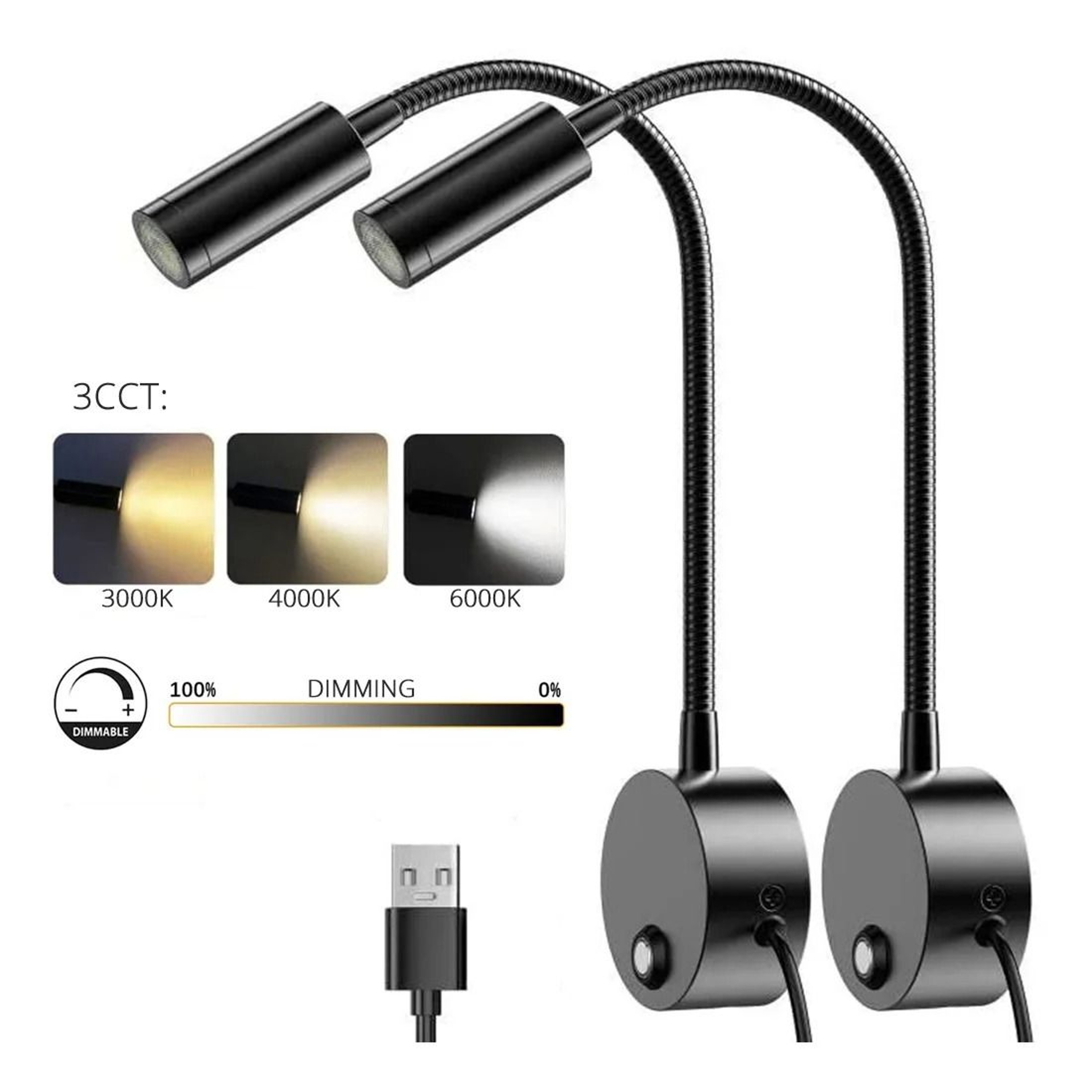2 Pack 3W USB Dimmable Gooseneck Bedside Reading Wall Lamps 6