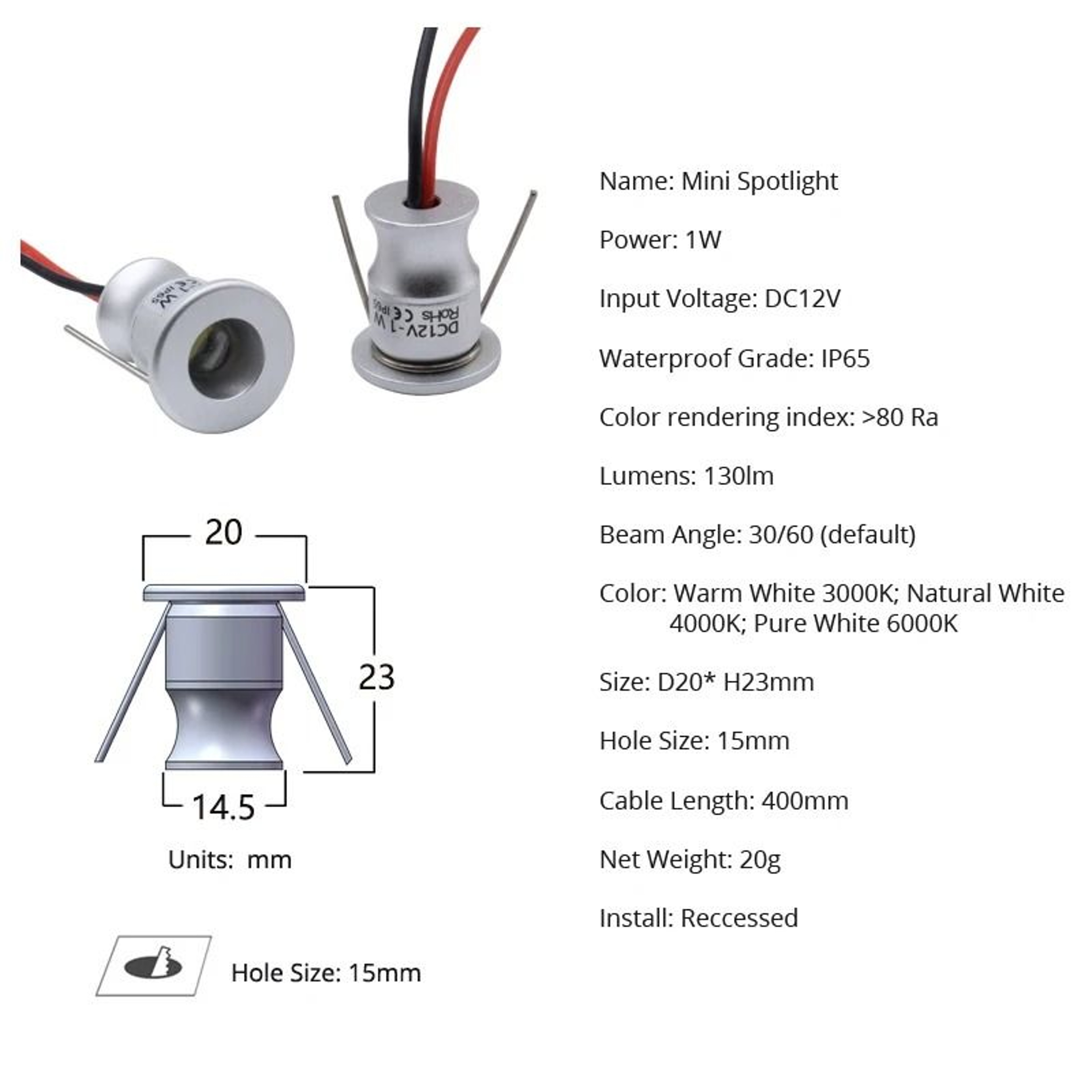 10 Pack 1W IP65 Waterproof Mini LED Recessed Spotlights With Power Supply 2