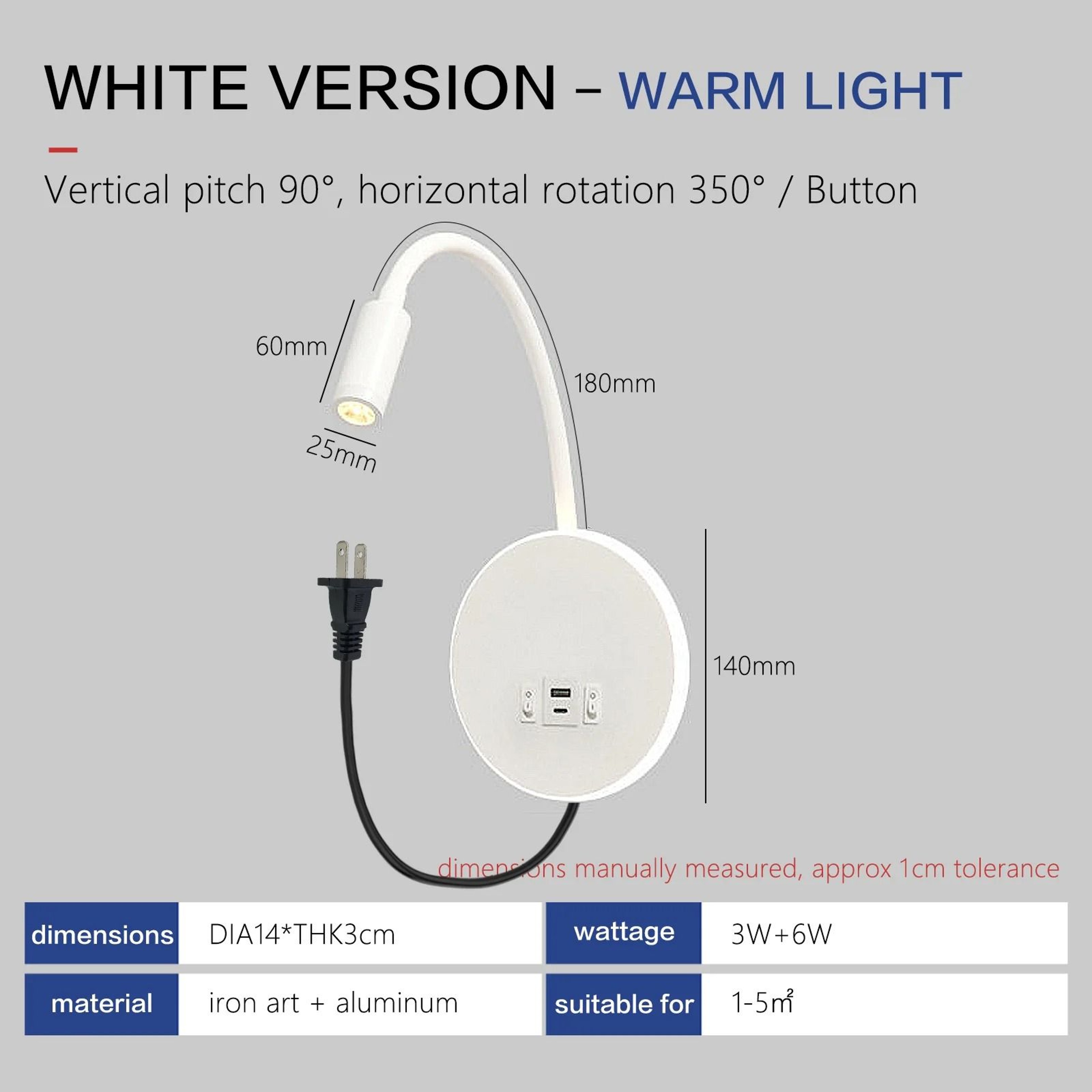 Modern LED Gooseneck Bedside Reading Wall Lamp With USB A And USB C Charging 2