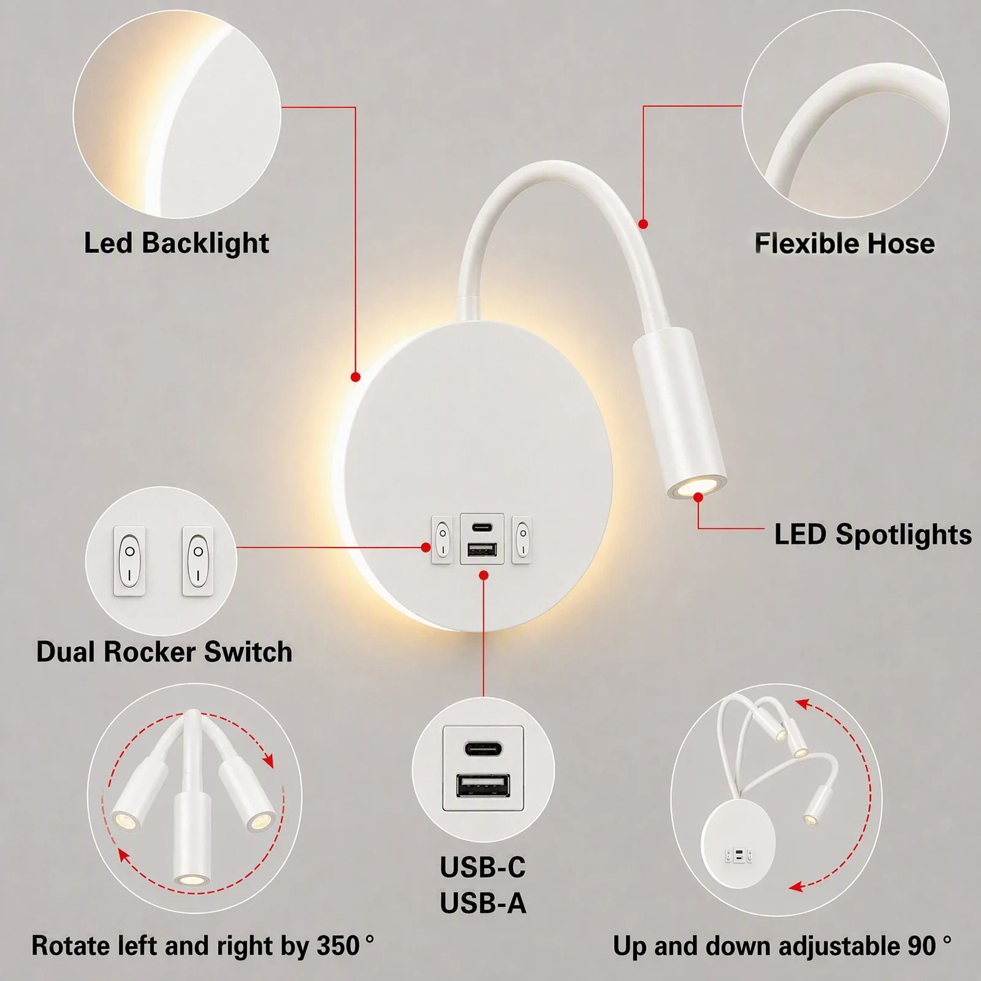 Modern LED Gooseneck Bedside Reading Wall Lamp With USB A And USB C Charging 3