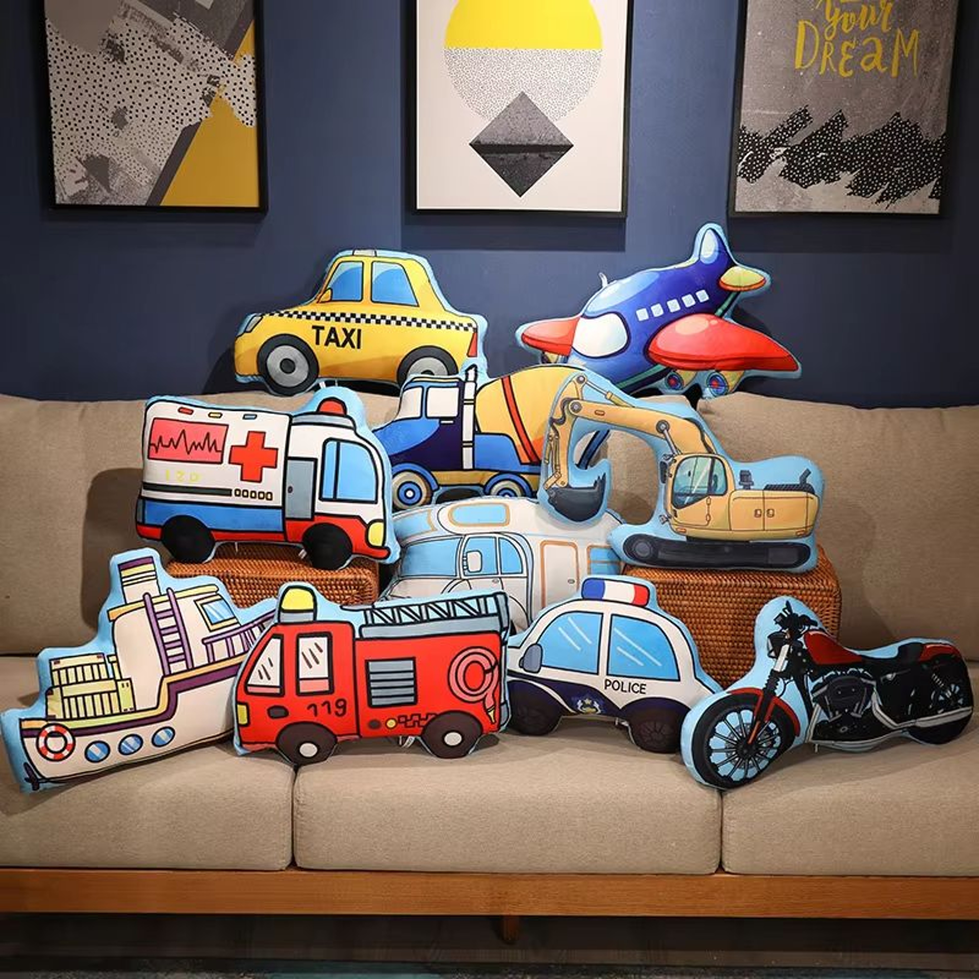 Cartoon Vehicle Plush Pillow For Kids Fire Truck Police Car Excavator 2