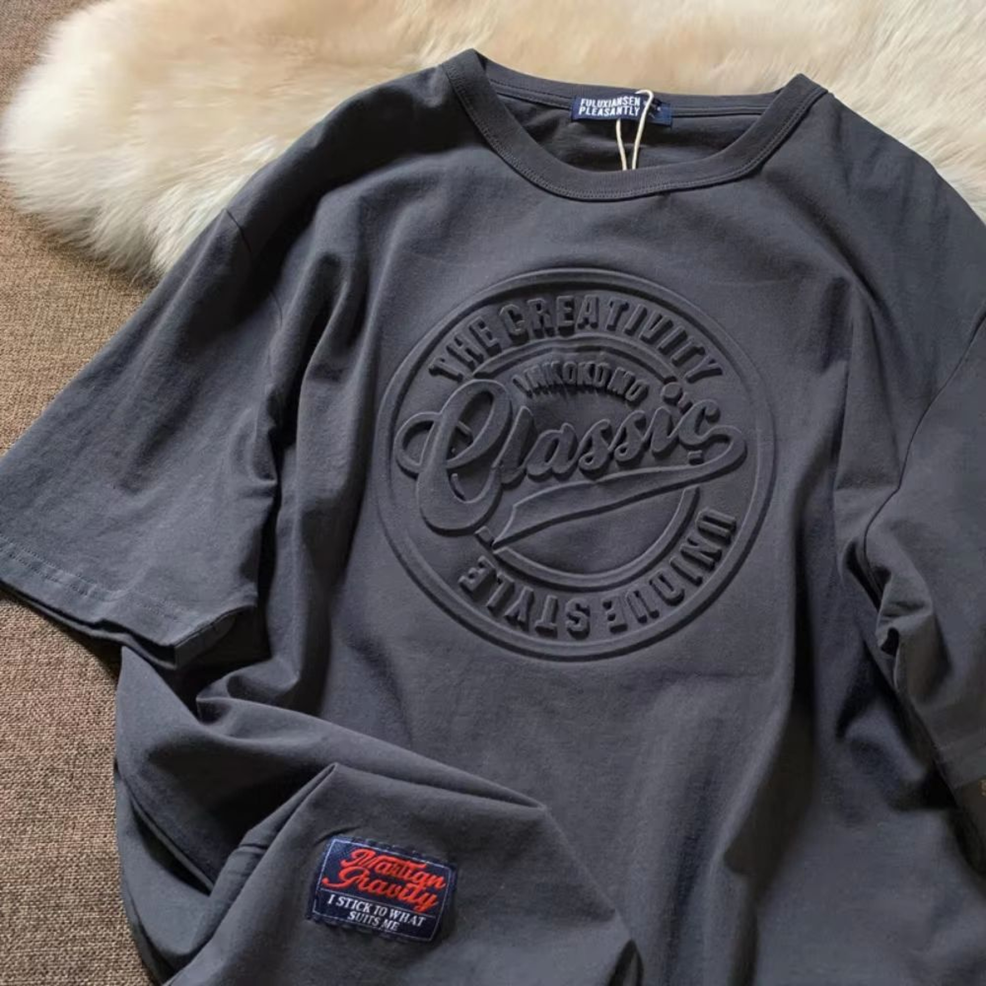 Vintage 3D Embossed Tshirt With SteelSeal Look  Oversized Streetwear Tee For Couples 3