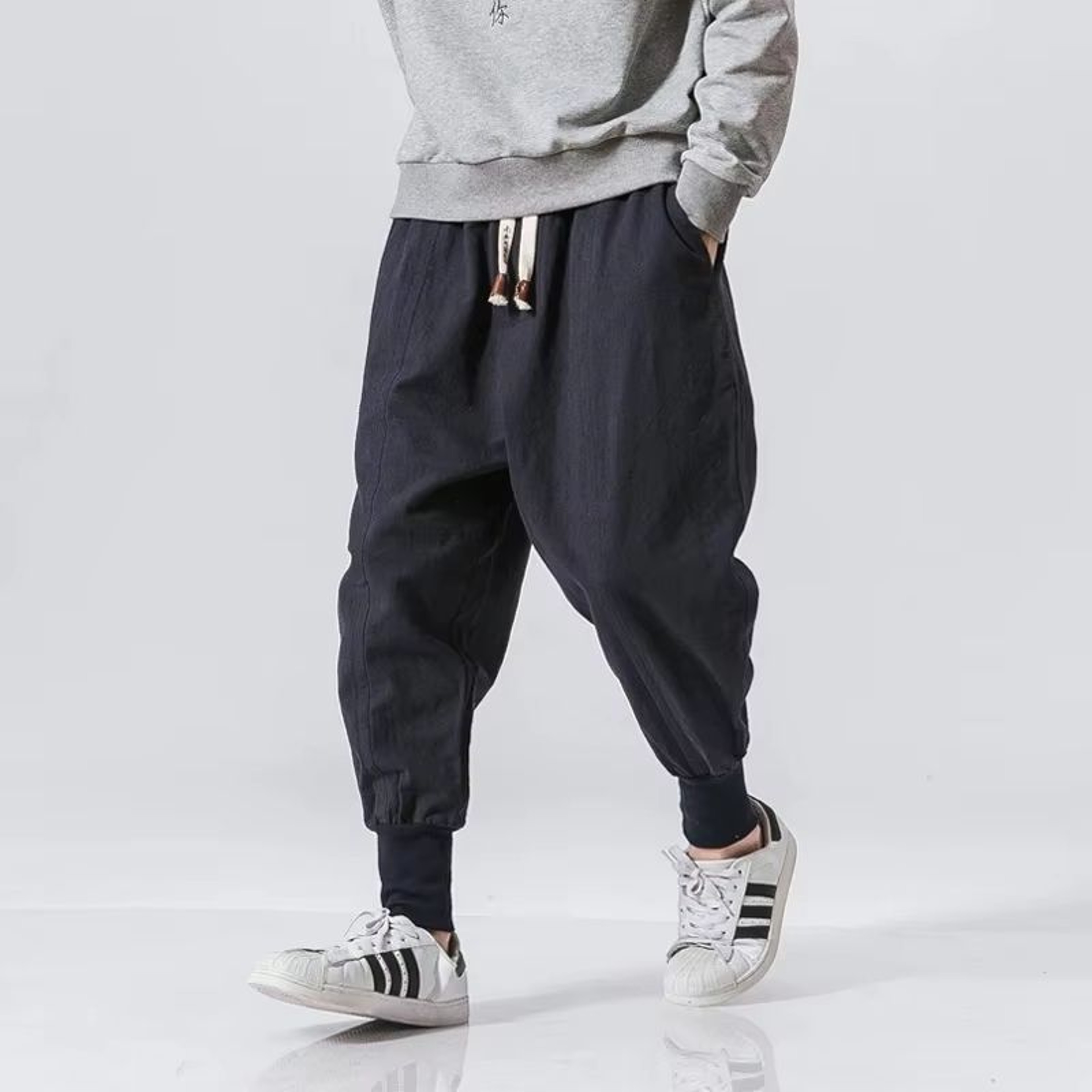 Mens CottonLinen Harem Joggers Relaxed DropCrotch Streetwear Pants 4