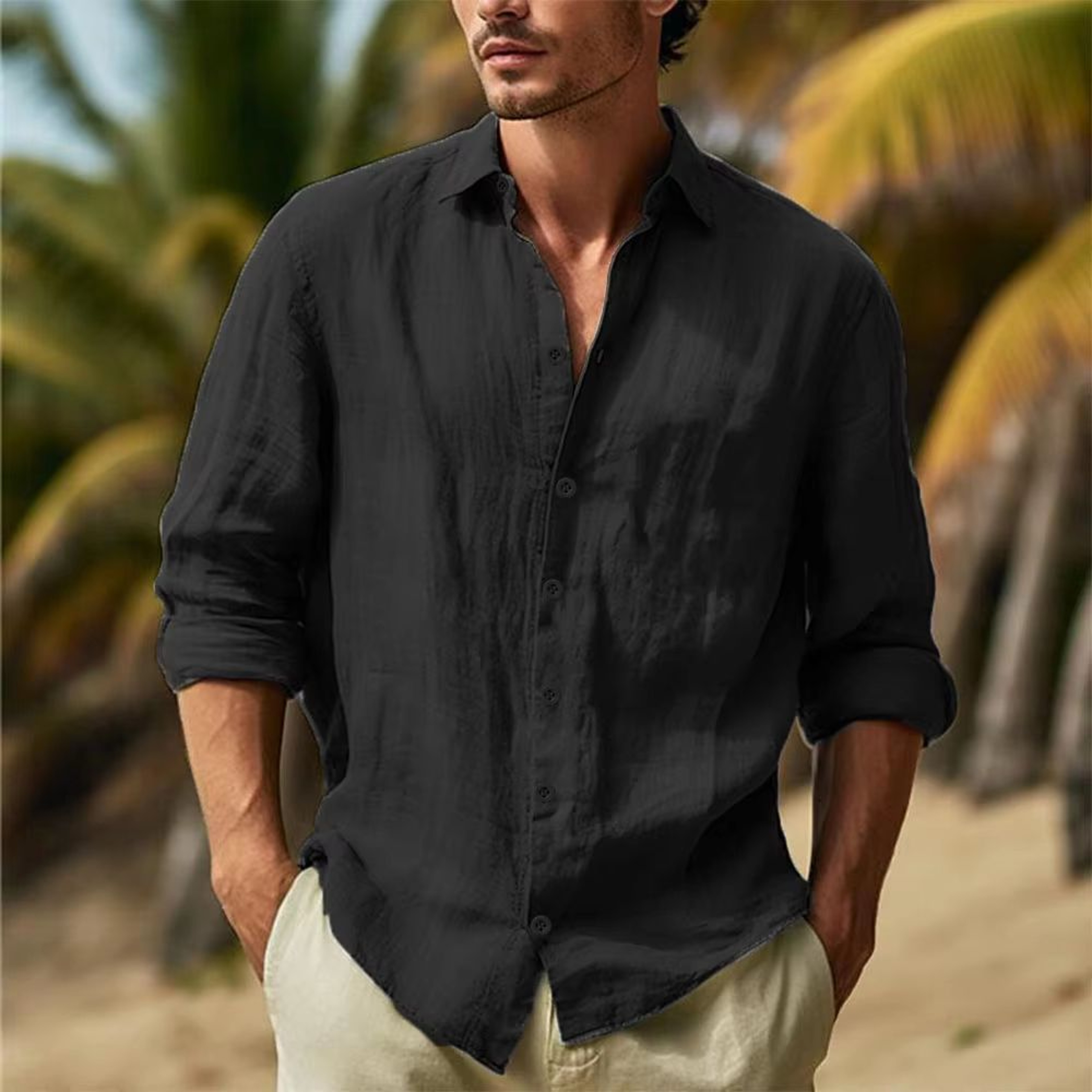 Mens Linen Shirt CottonLinen Button Up Breathable TurnDown Collar Casual Top 3
