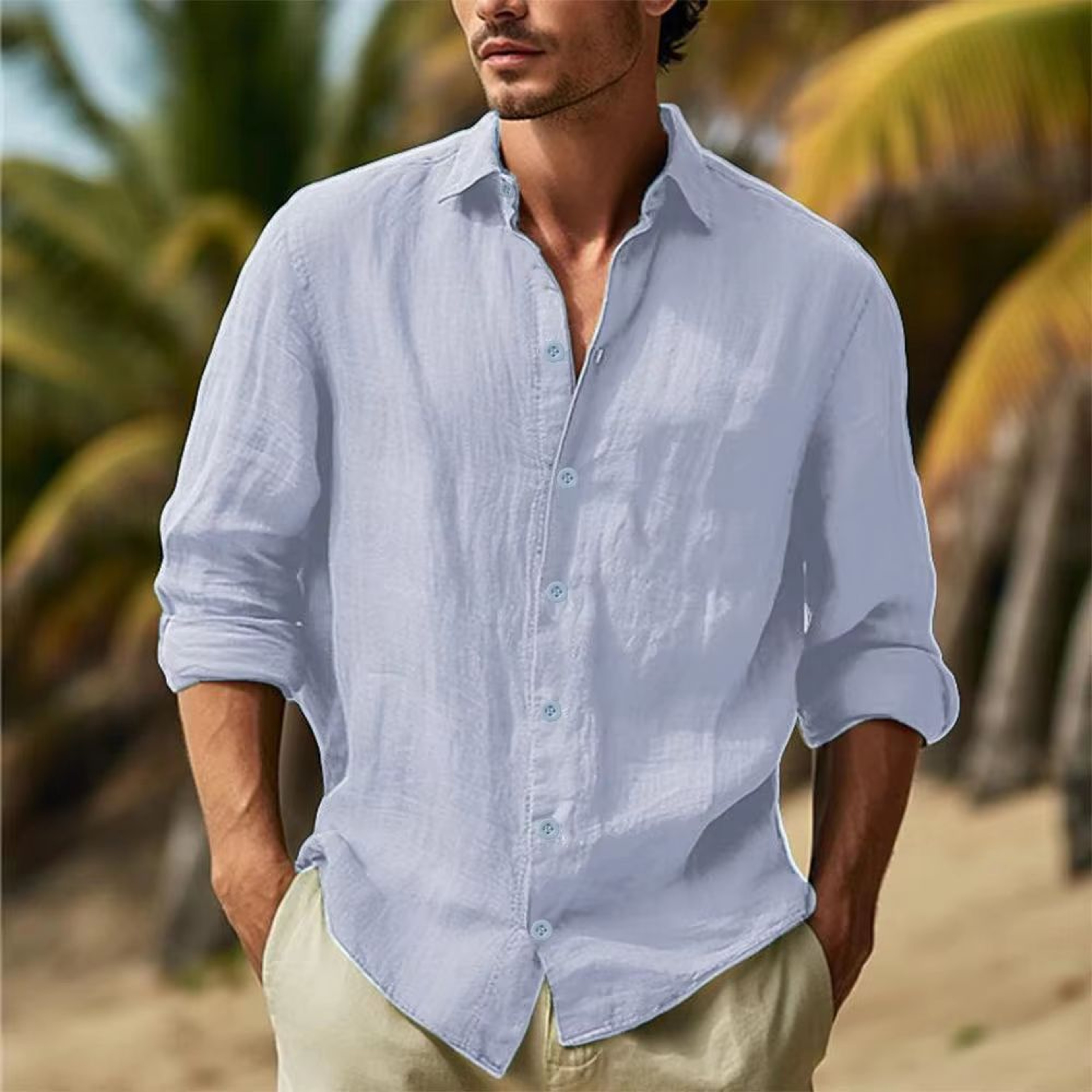 Mens Linen Shirt CottonLinen Button Up Breathable TurnDown Collar Casual Top 5