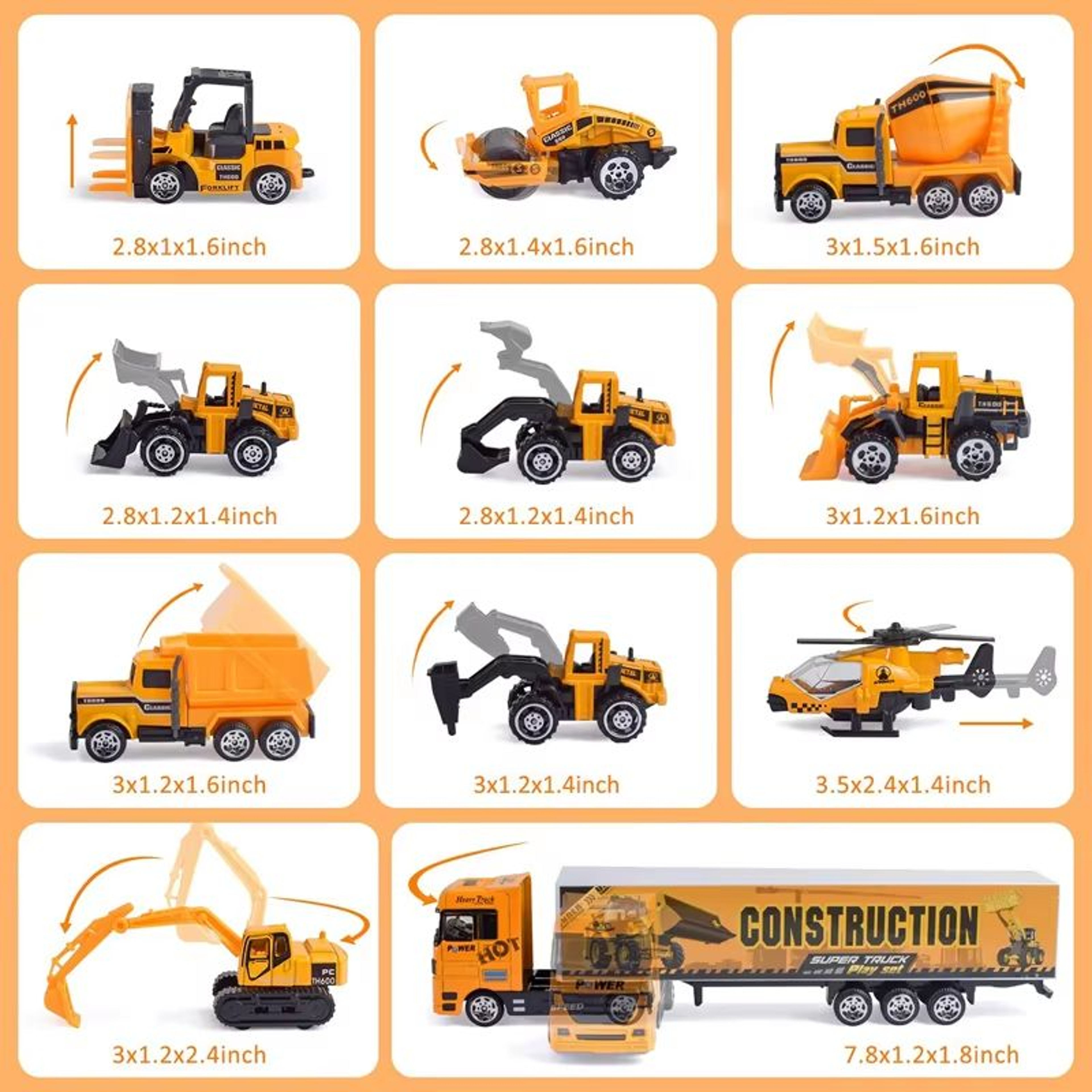 10in1 Construction Truck Toy Set With Storage Carrier DieCast Construction Vehicles 4