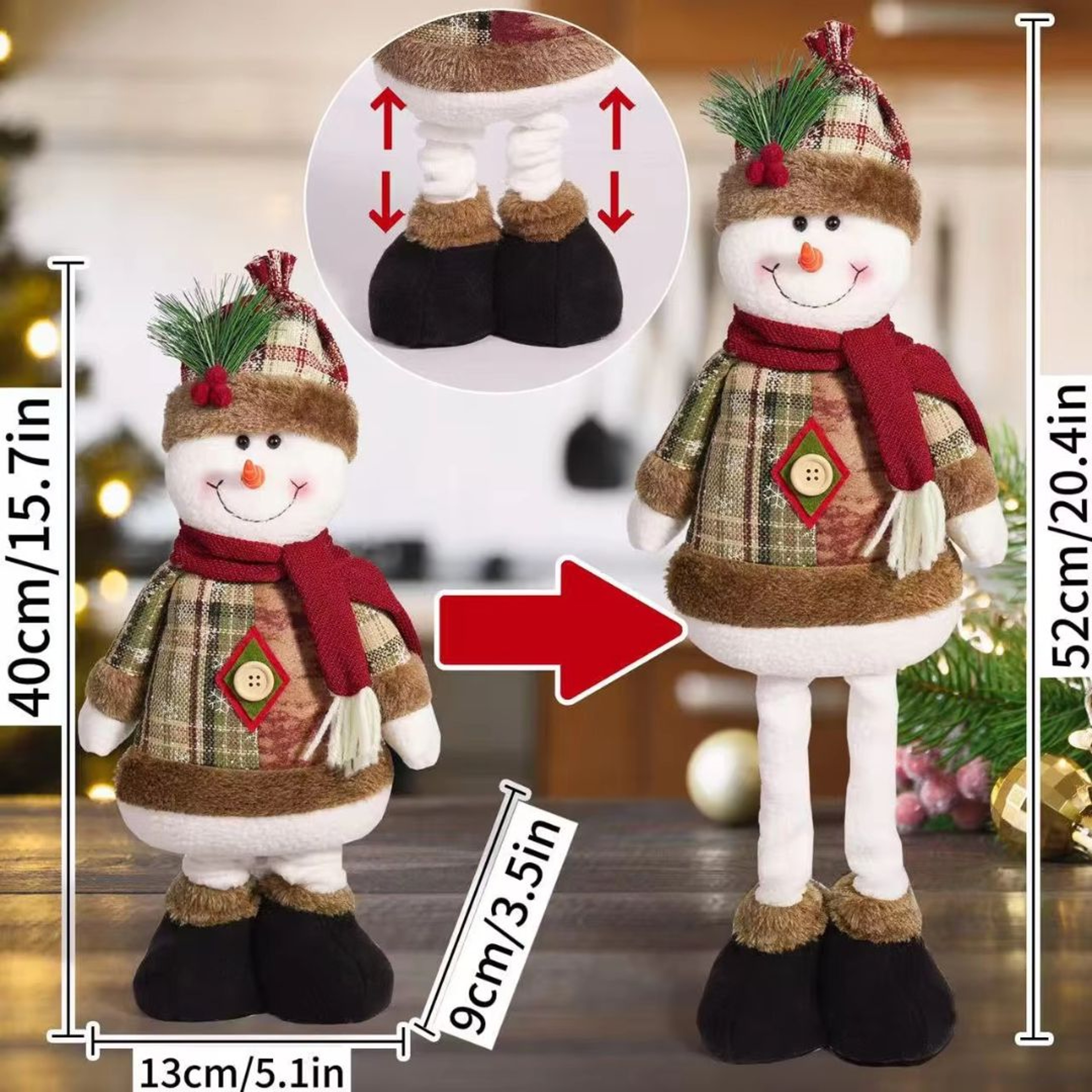 Stretchable Plaid Santa Snowman Reindeer Set Of 3 Cozy Christmas Plush Doll Decor 3