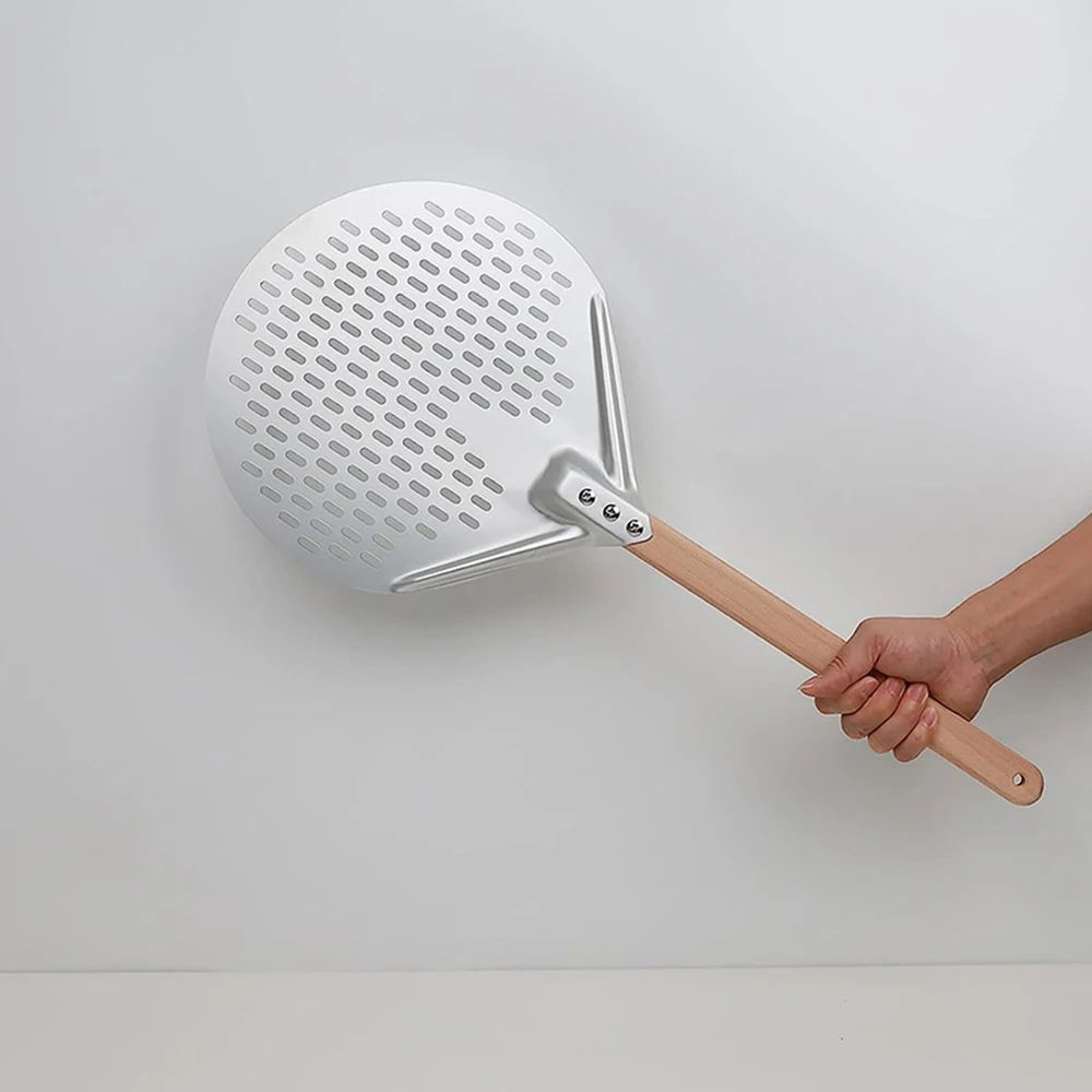HardAnodized Aluminum Pizza Turning Peel  Perforated Pizza Paddle With Wood Handle 1214 Inch 3