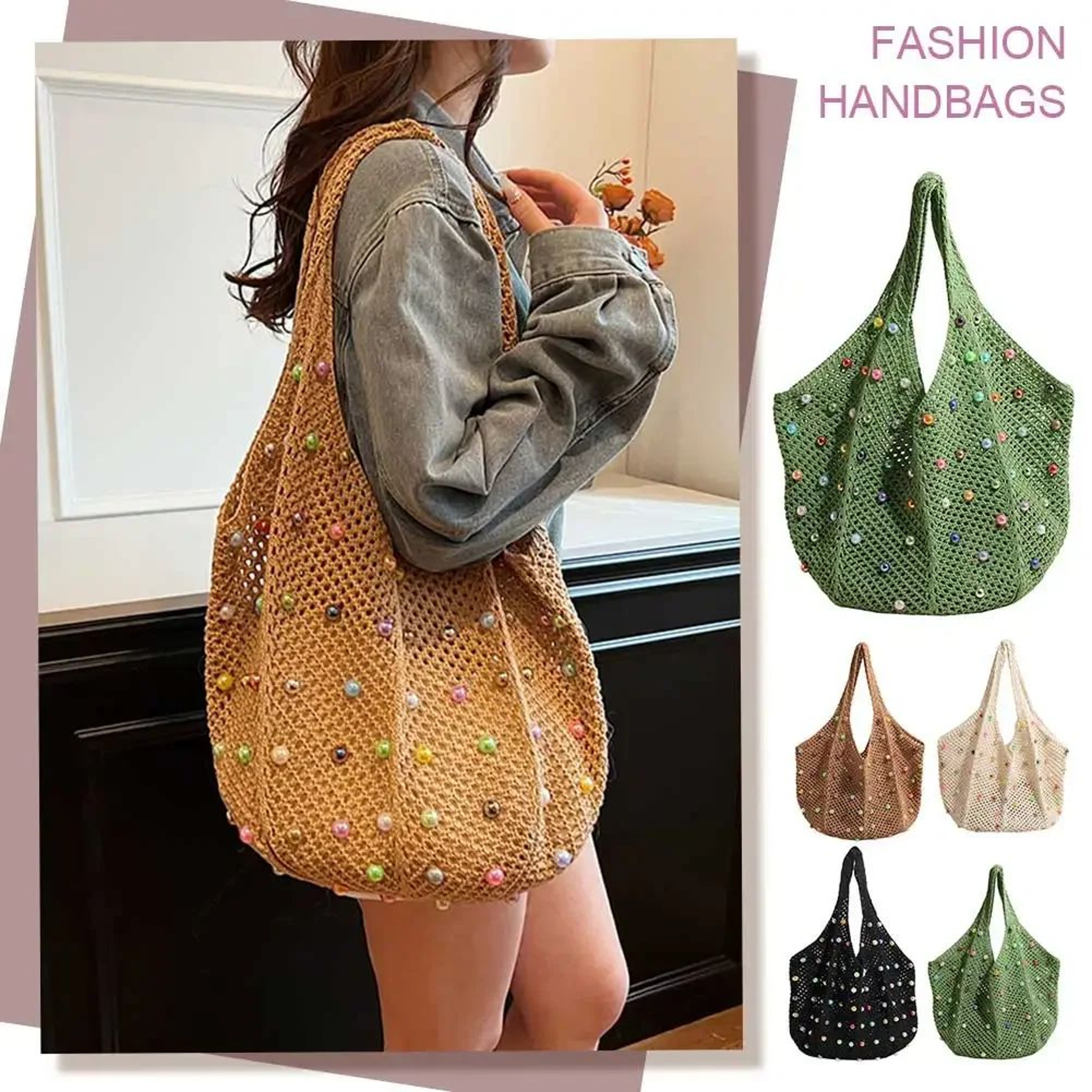 Boho Crochet Tote Bag  Large Capacity Knitted Handbag With Colorful Beads For Women 0