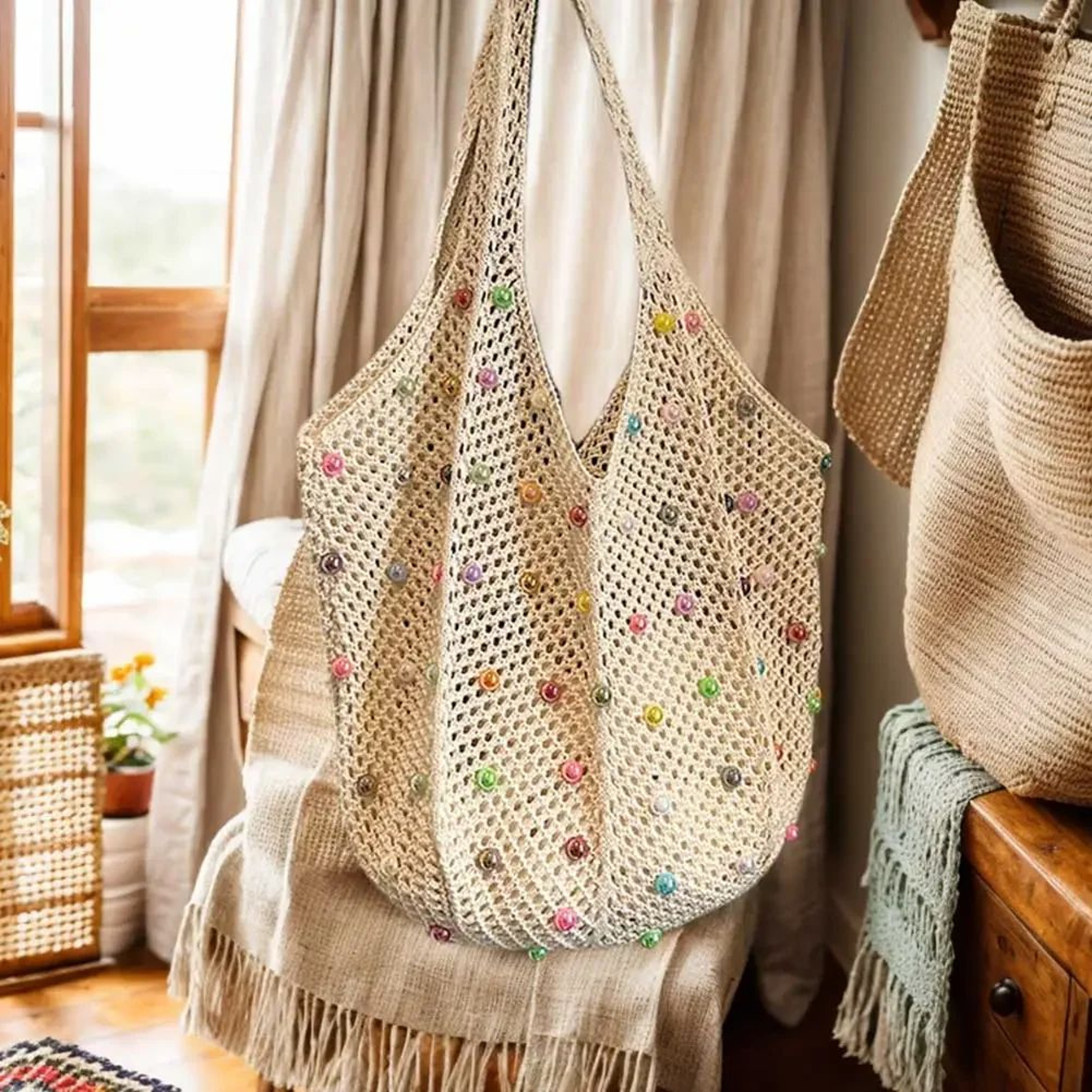 Boho Crochet Tote Bag  Large Capacity Knitted Handbag With Colorful Beads For Women 3