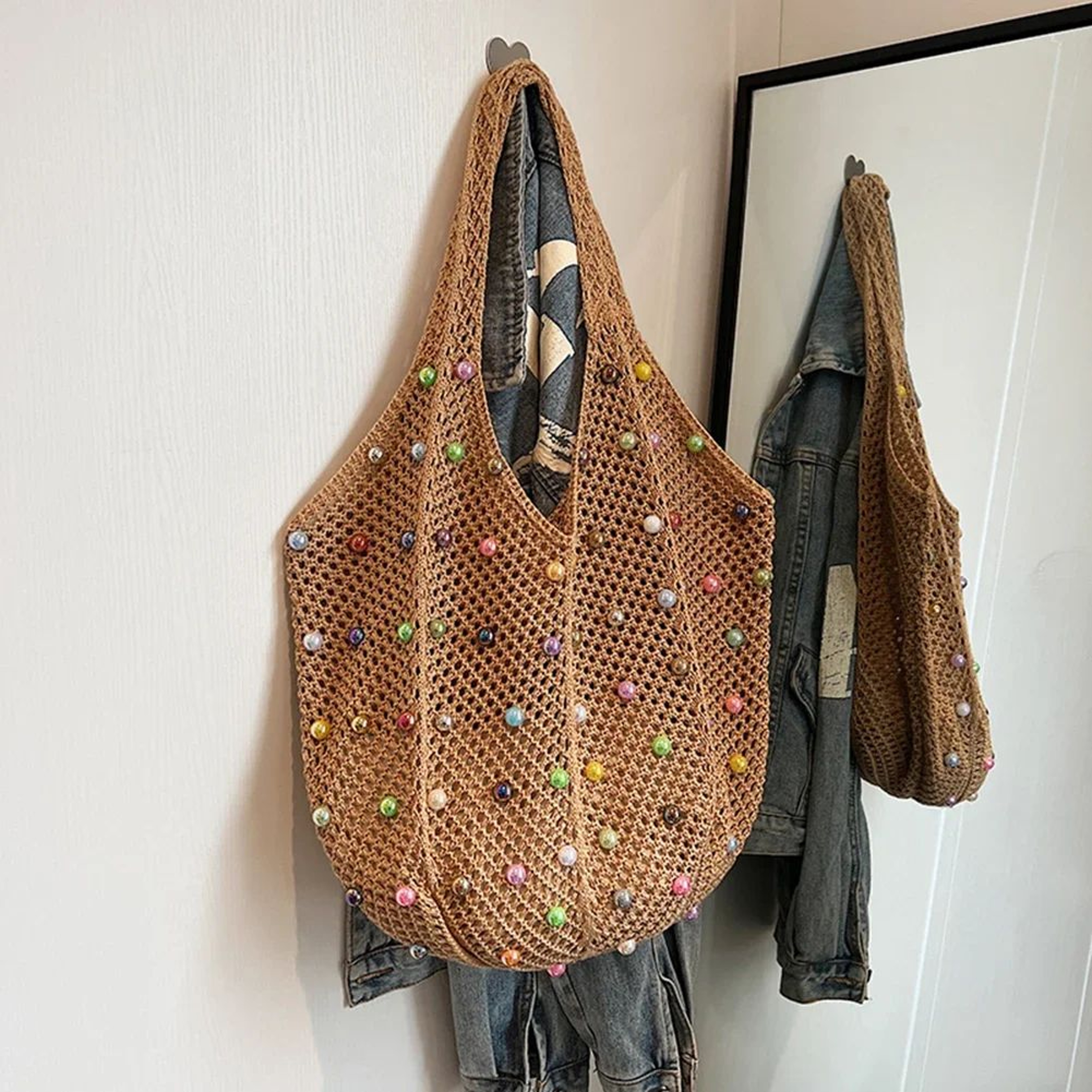 Boho Crochet Tote Bag  Large Capacity Knitted Handbag With Colorful Beads For Women 8