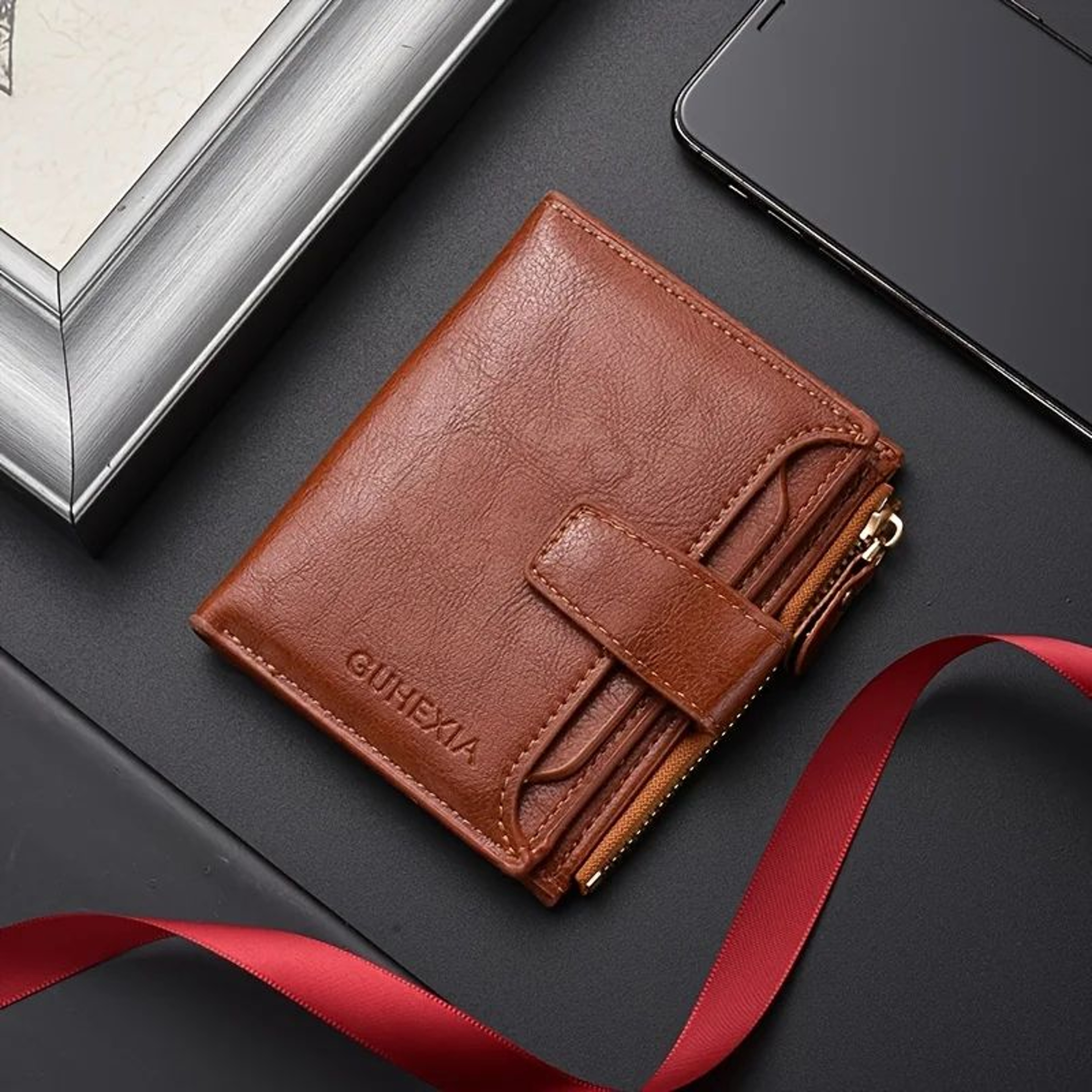 Men Vintage Leather Wallet  Large Capacity Billfold With Zipper Coin Pocket  ID Window 8
