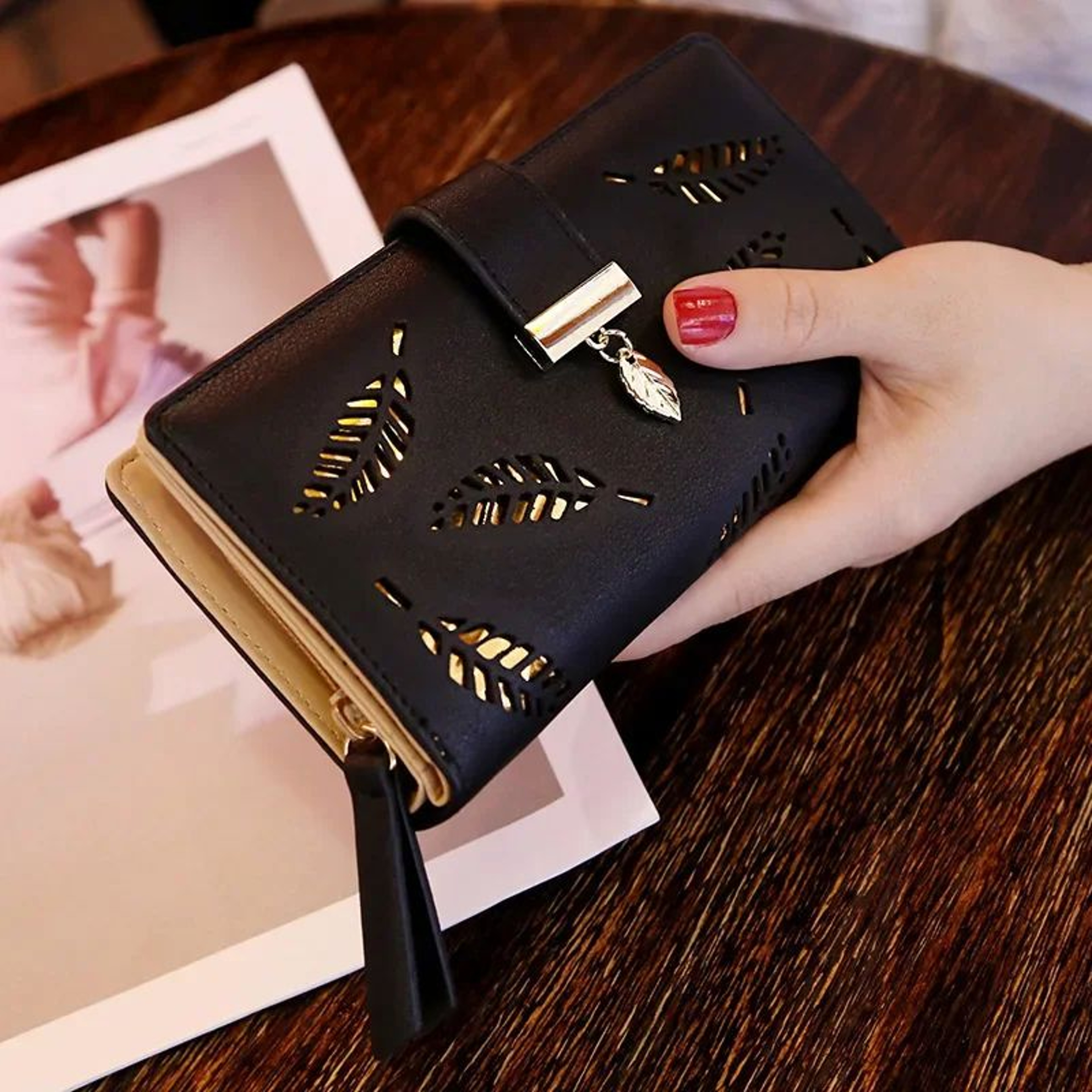 Women Hollow Leaf PU Leather Wallet  Elegant Women Wallet With Card Holder  Coin Pouch 6