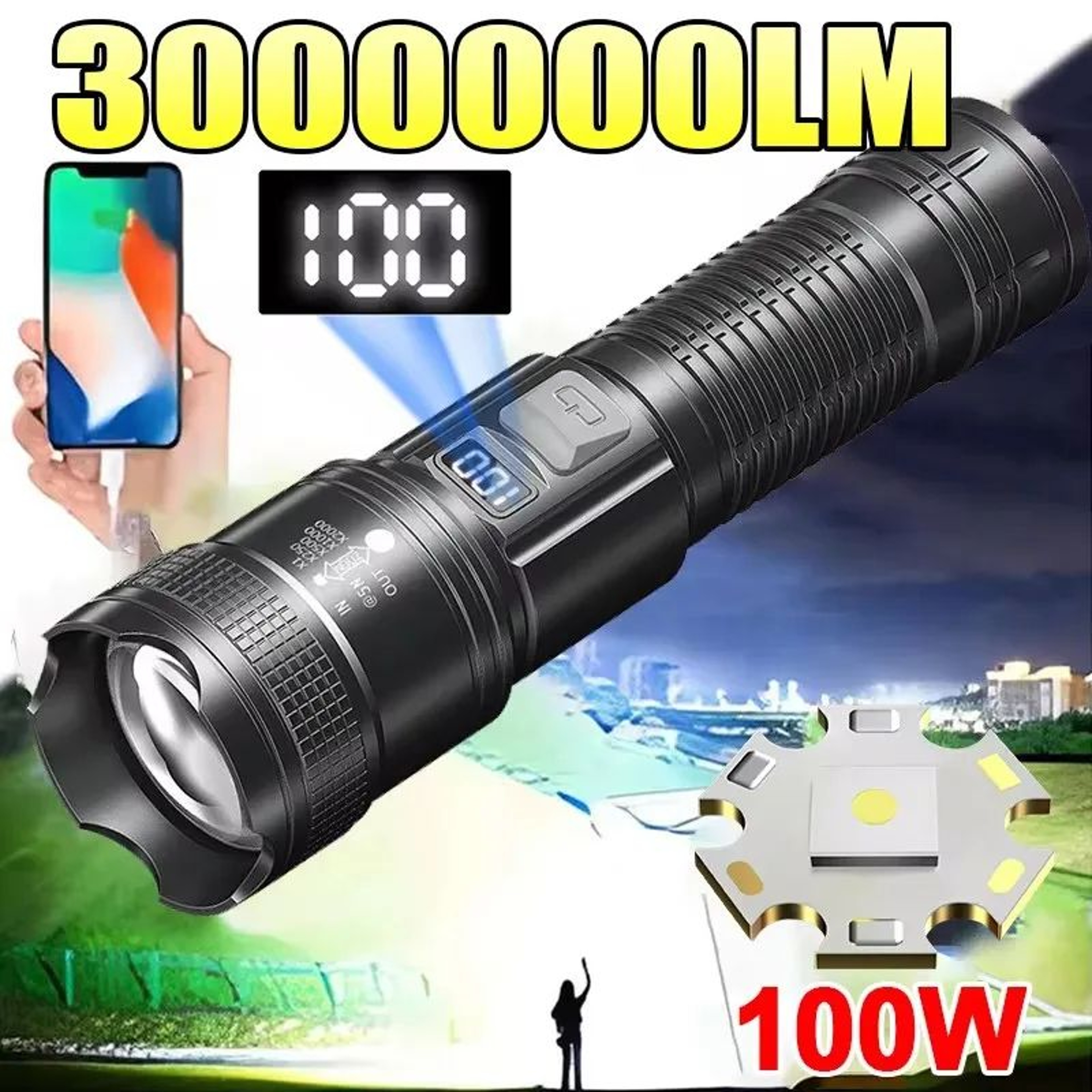 PowerBeam Tactical LED Flashlight With Digital Display  USB Recharge 0