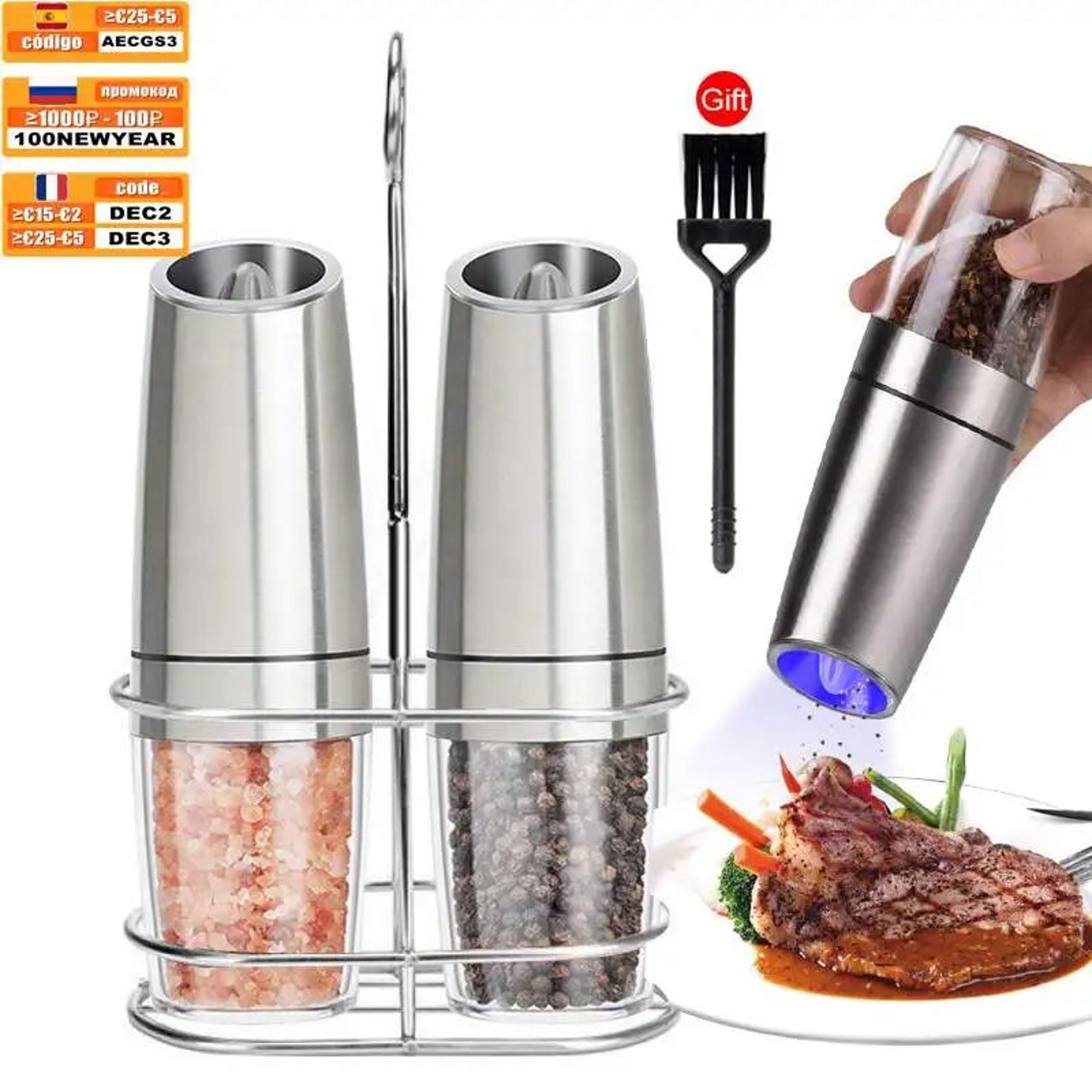 GrindEase Gravity Electric Pepper Mill Set  Electric Pepper Mill With LED Precision 0