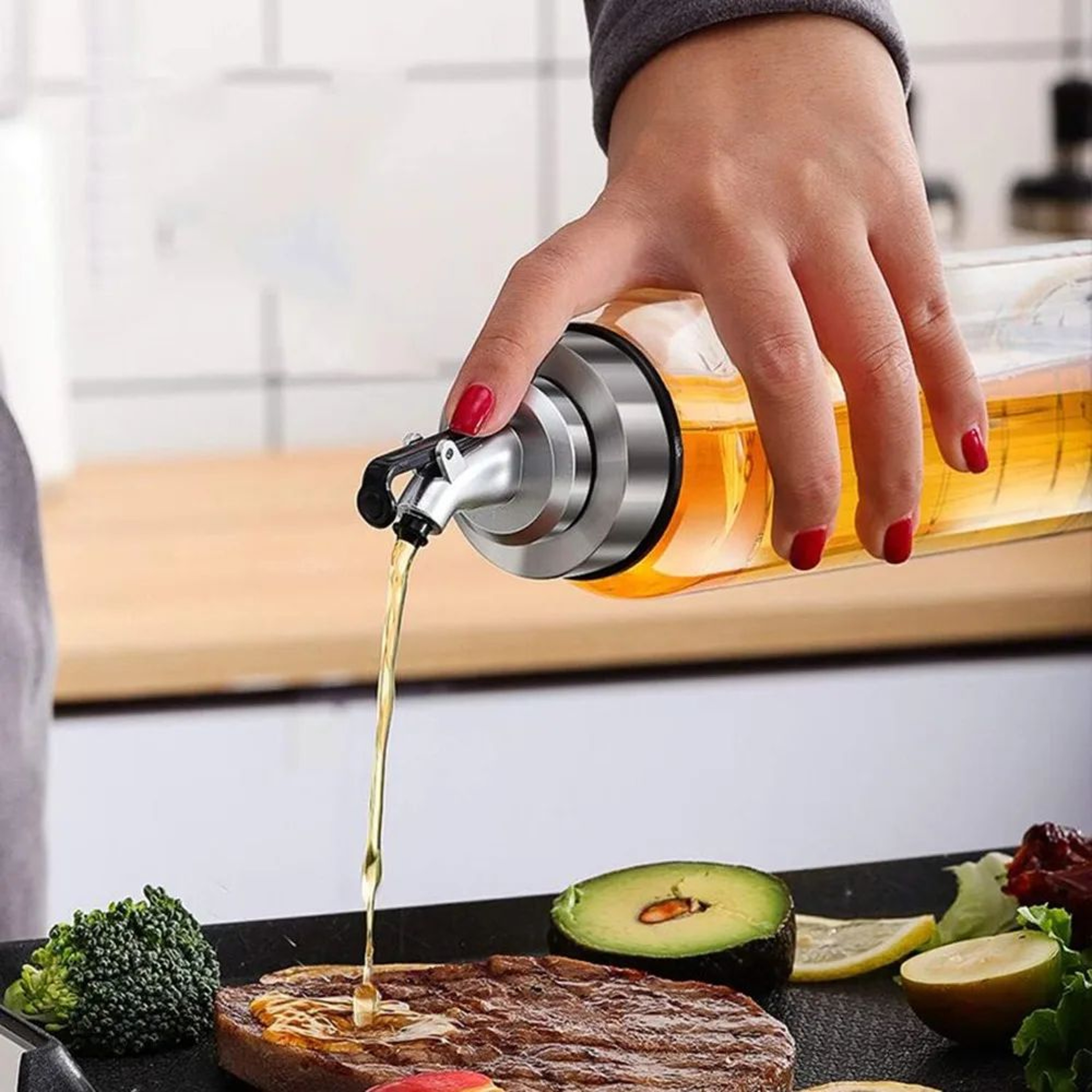 10oz Glass Olive Oil Dispenser Bottle With DripProof Spout And Measuring Scale 1