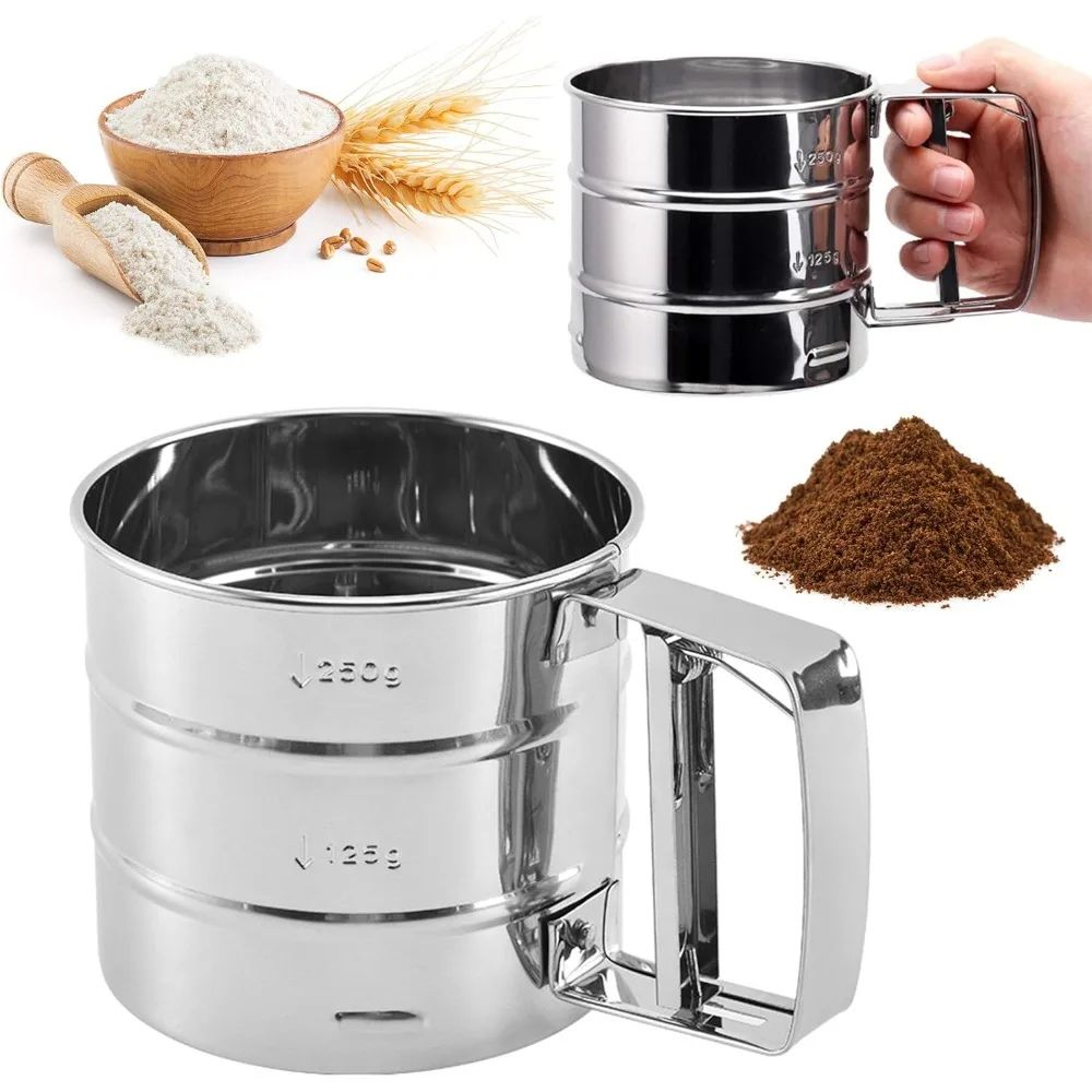 Stainless Steel Flour Sieve Cup  Fine Mesh SemiAutomatic Baking  Coffee Sifter 0