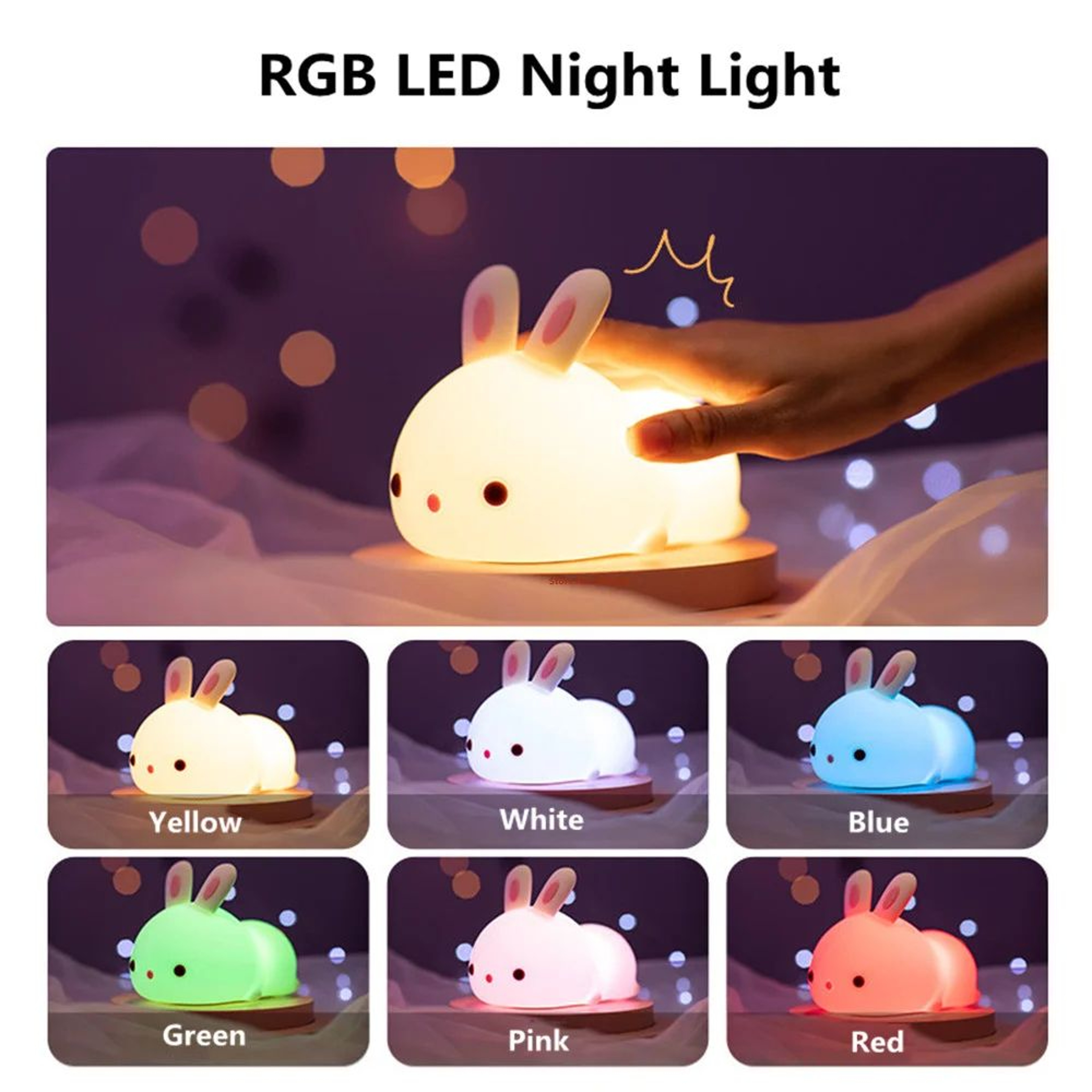 Touch Sensor RGB Bunny Night Light  Silicone Bunny Lamp With 16 Colors USB Rechargeable For Kids  B 3