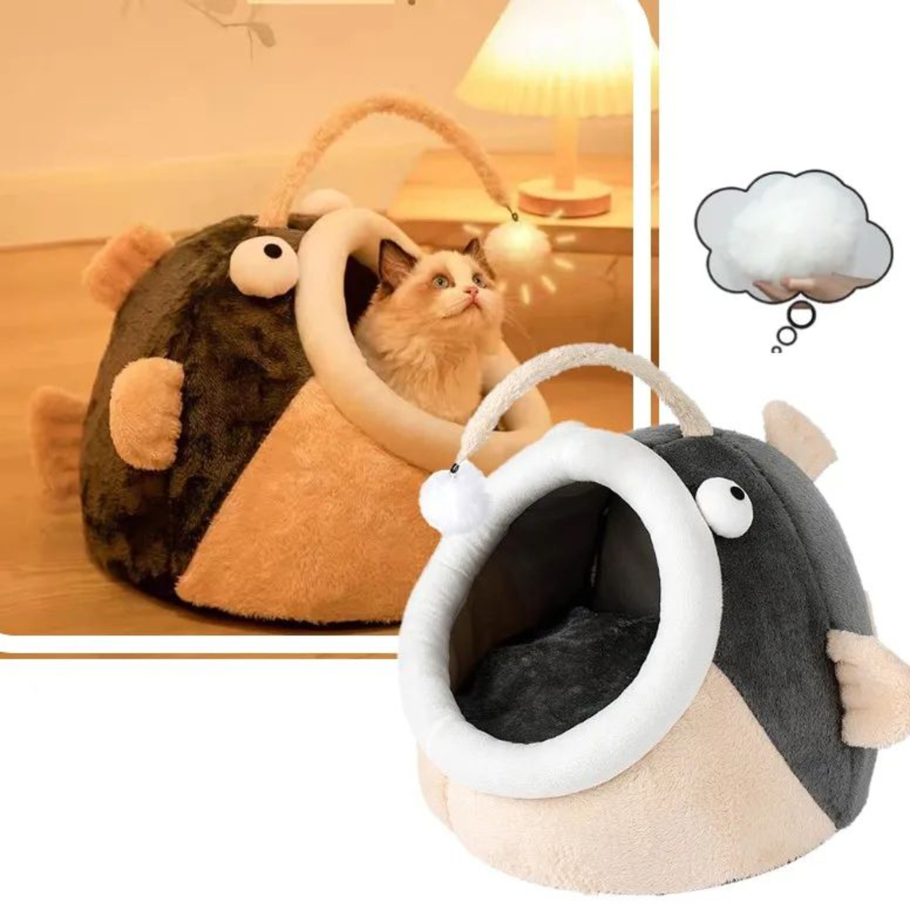 Lantern Fish Cat Bed Cozy Cave Pet House Warm Washable Lounger 0