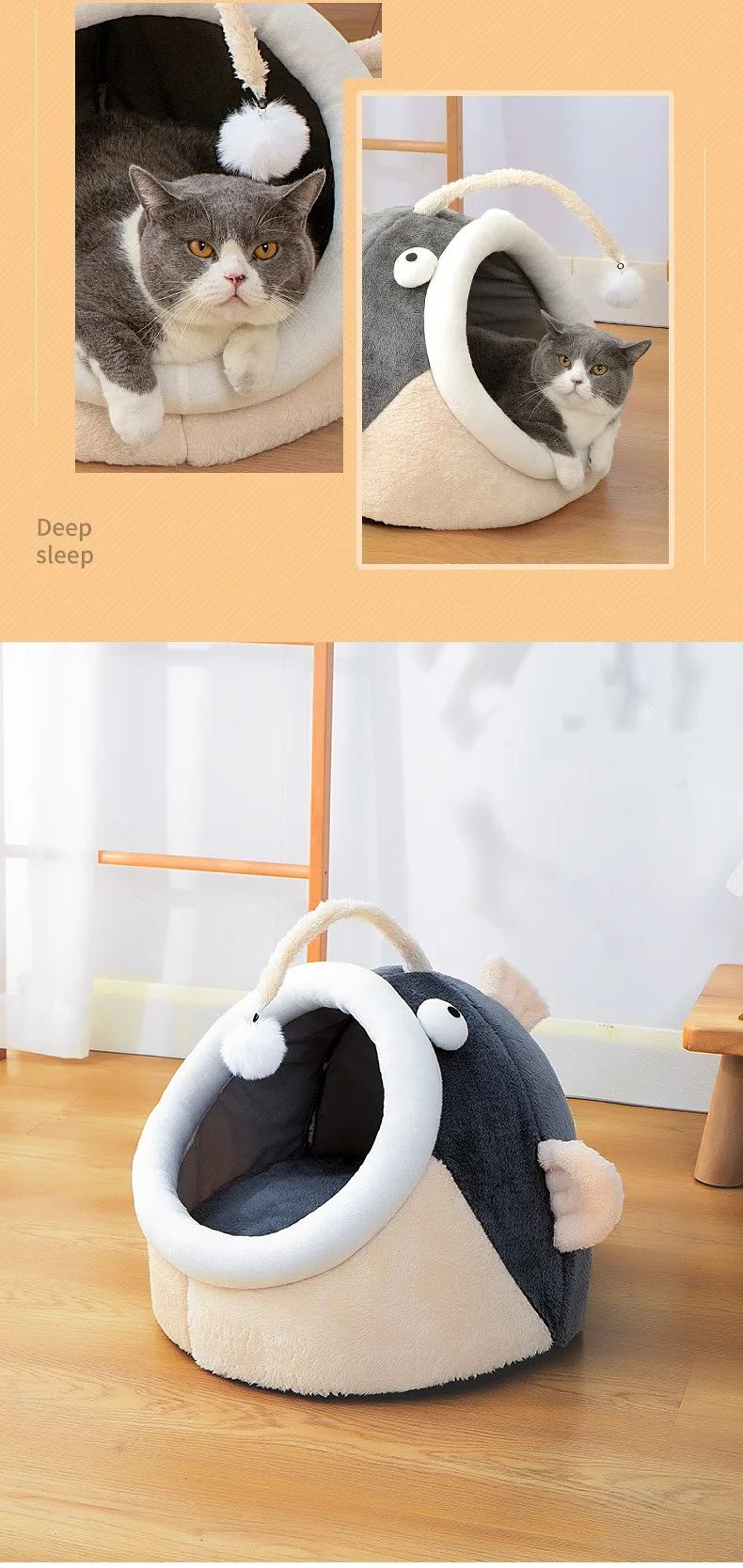 Lantern Fish Cat Bed Cozy Cave Pet House Warm Washable Lounger 5