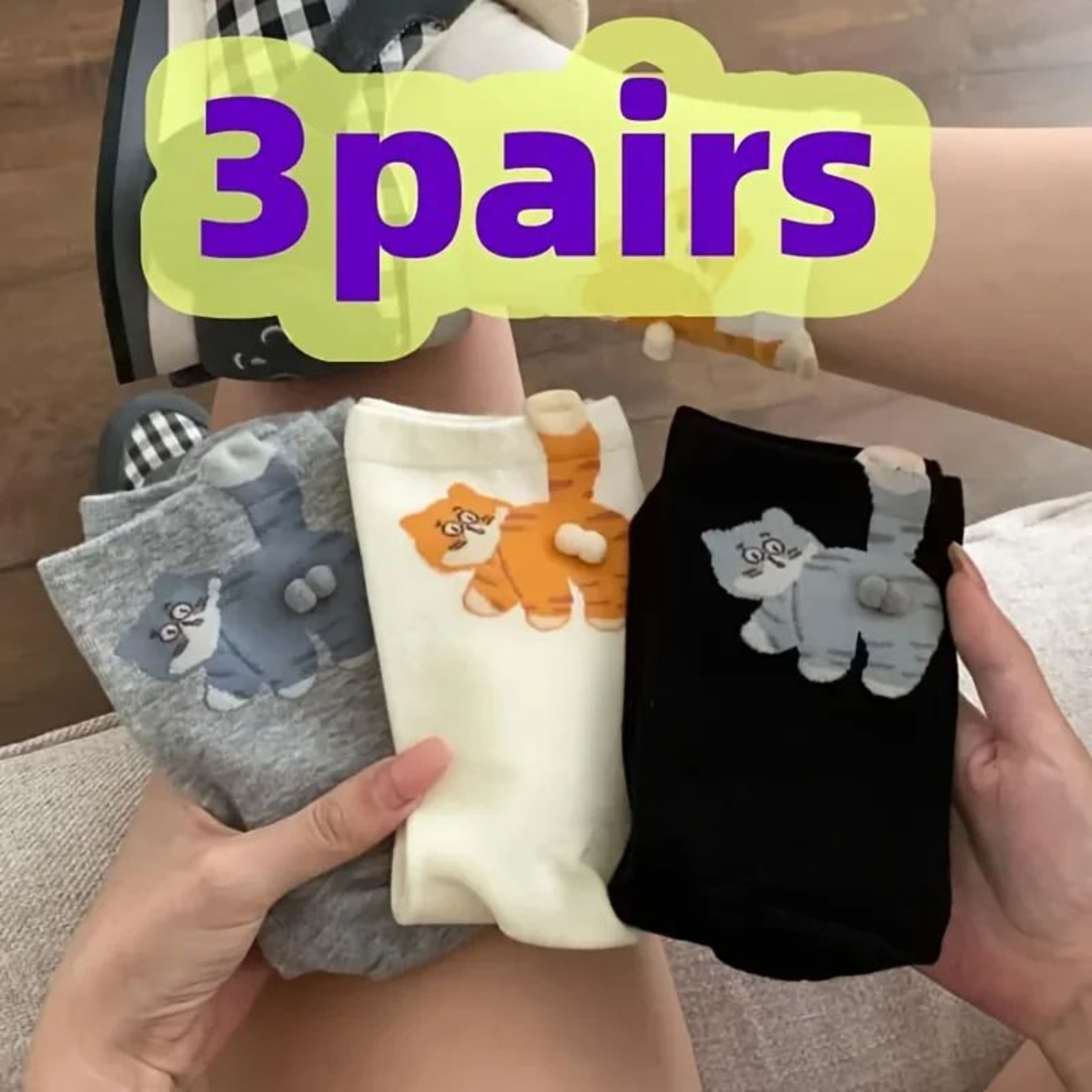 WhiskerWarm Cute Cat Socks Set  Soft Animal Novelty Socks In Grey White  Black 3 Pairs 6