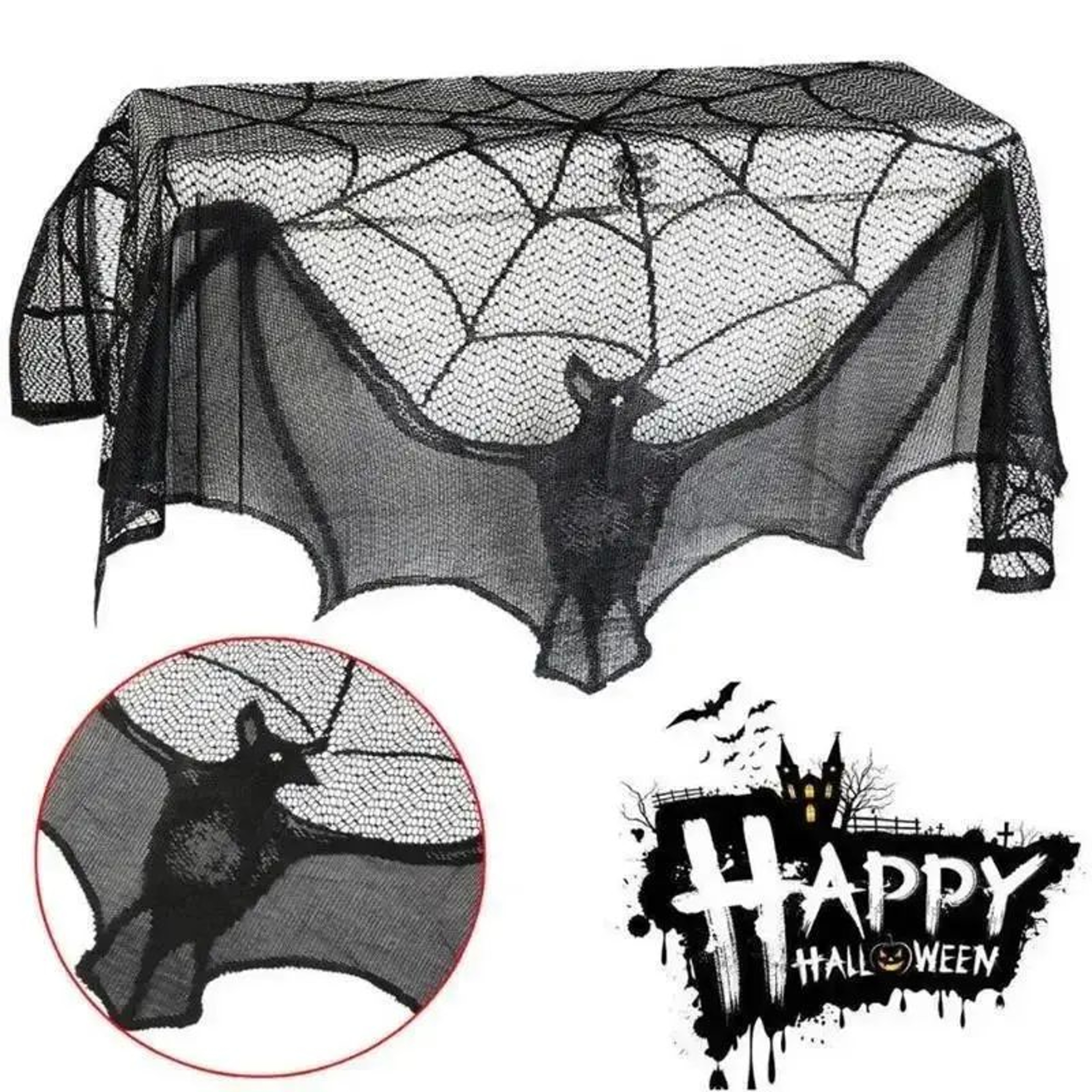 Gothic Bat Lace Halloween Curtain  Spooky Halloween Lace Curtain For Tables Windows  Fireplace 0
