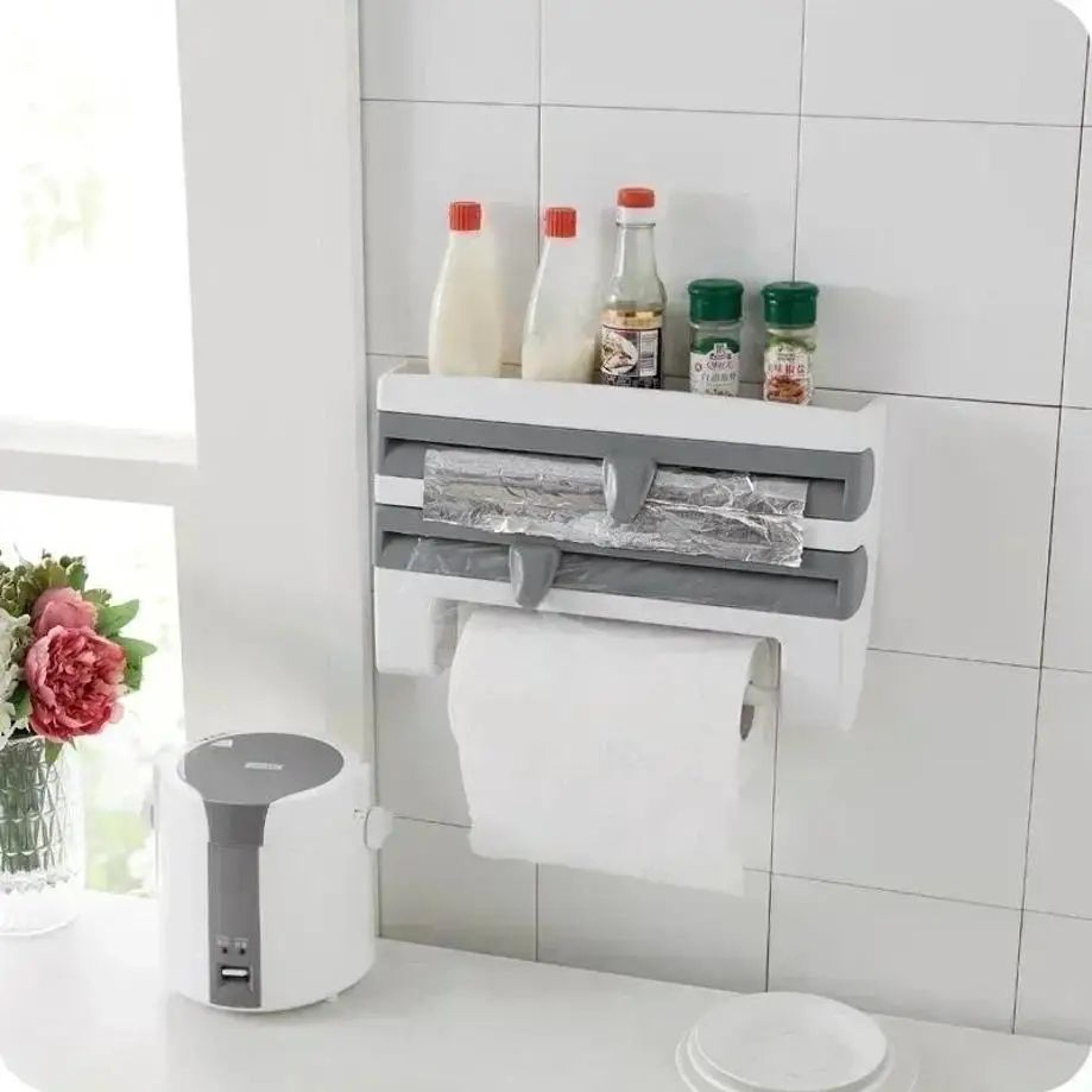 2in1 Wall Mounted Plastic Wrap Dispenser With Cutter  Cling Film Holder  Aluminum Foil Organizer 5